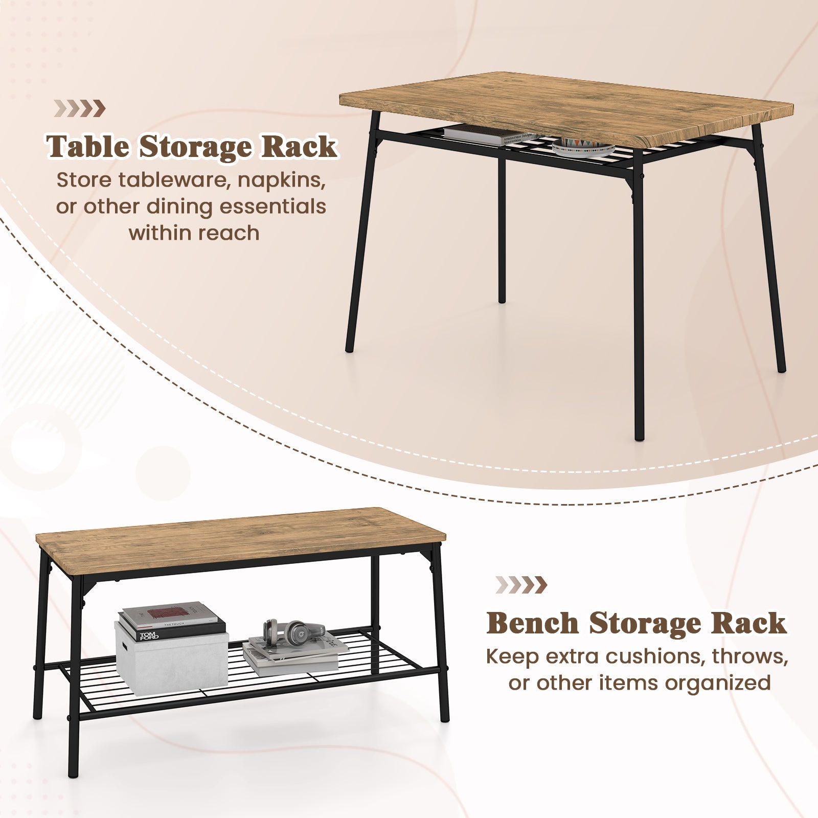 4 Piece Dining Table Set for 4, Metal Frame - Brown