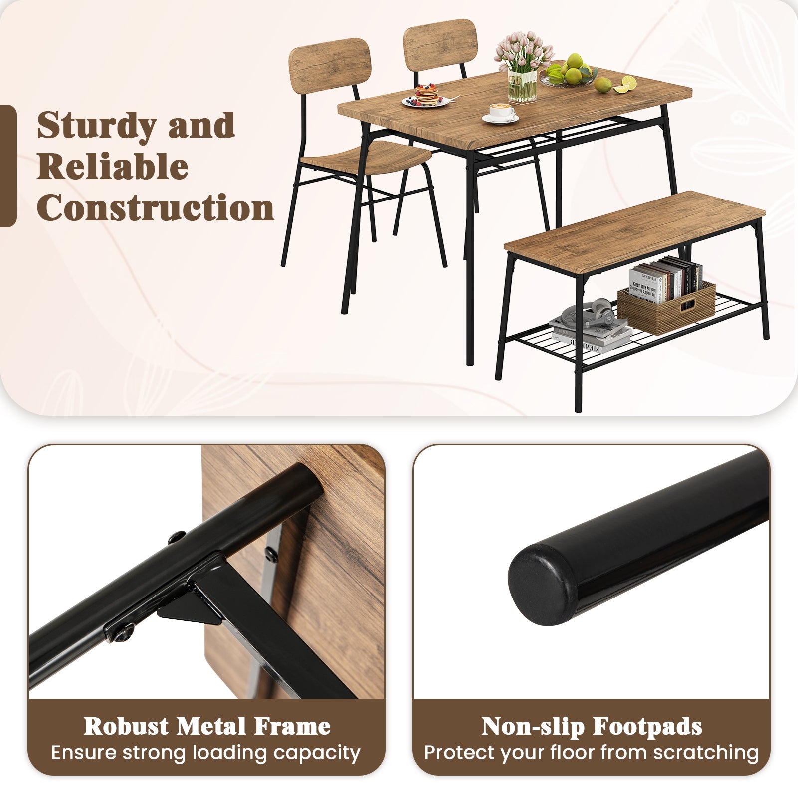 4 Piece Dining Table Set for 4, Metal Frame - Brown