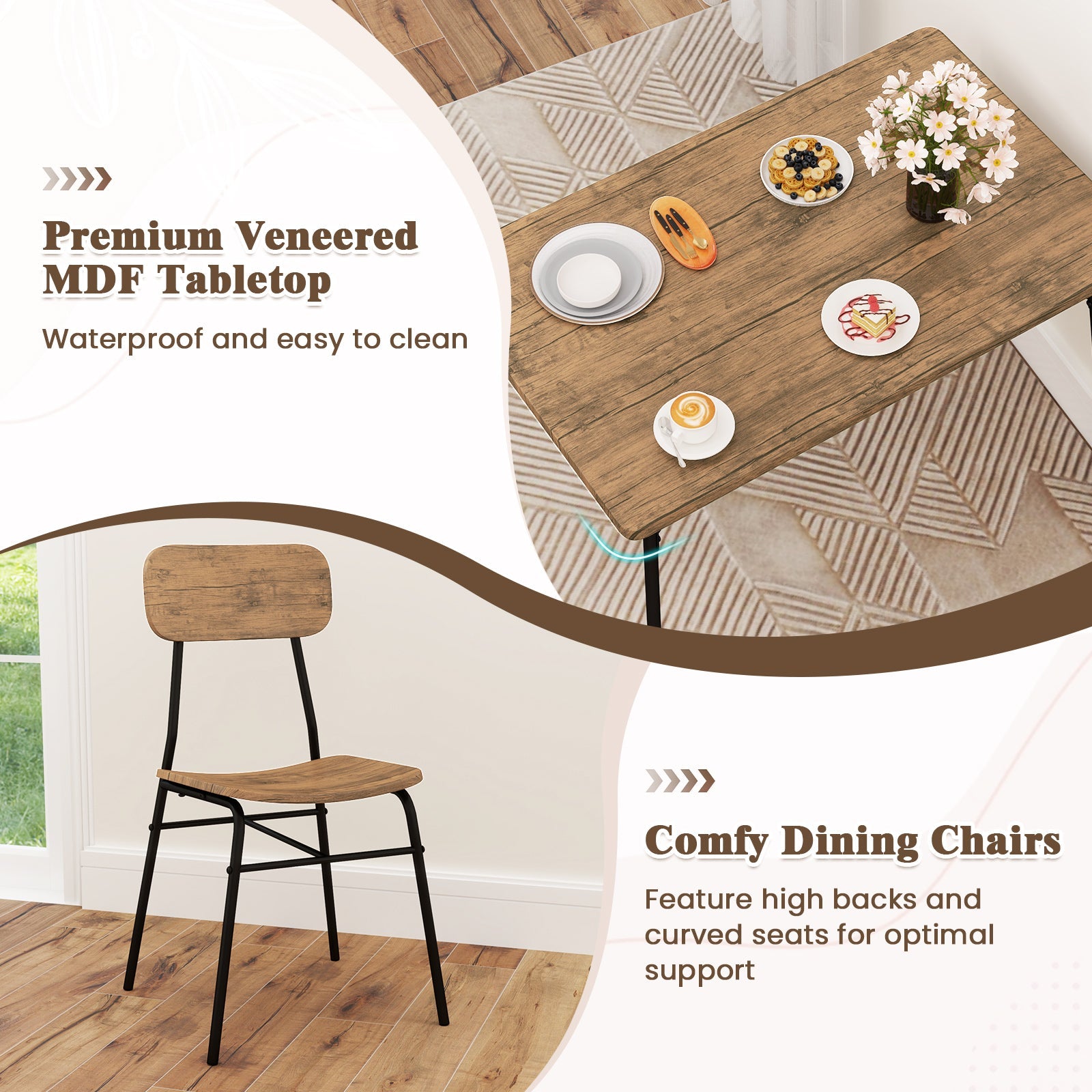 4 Piece Dining Table Set for 4, Metal Frame - Brown