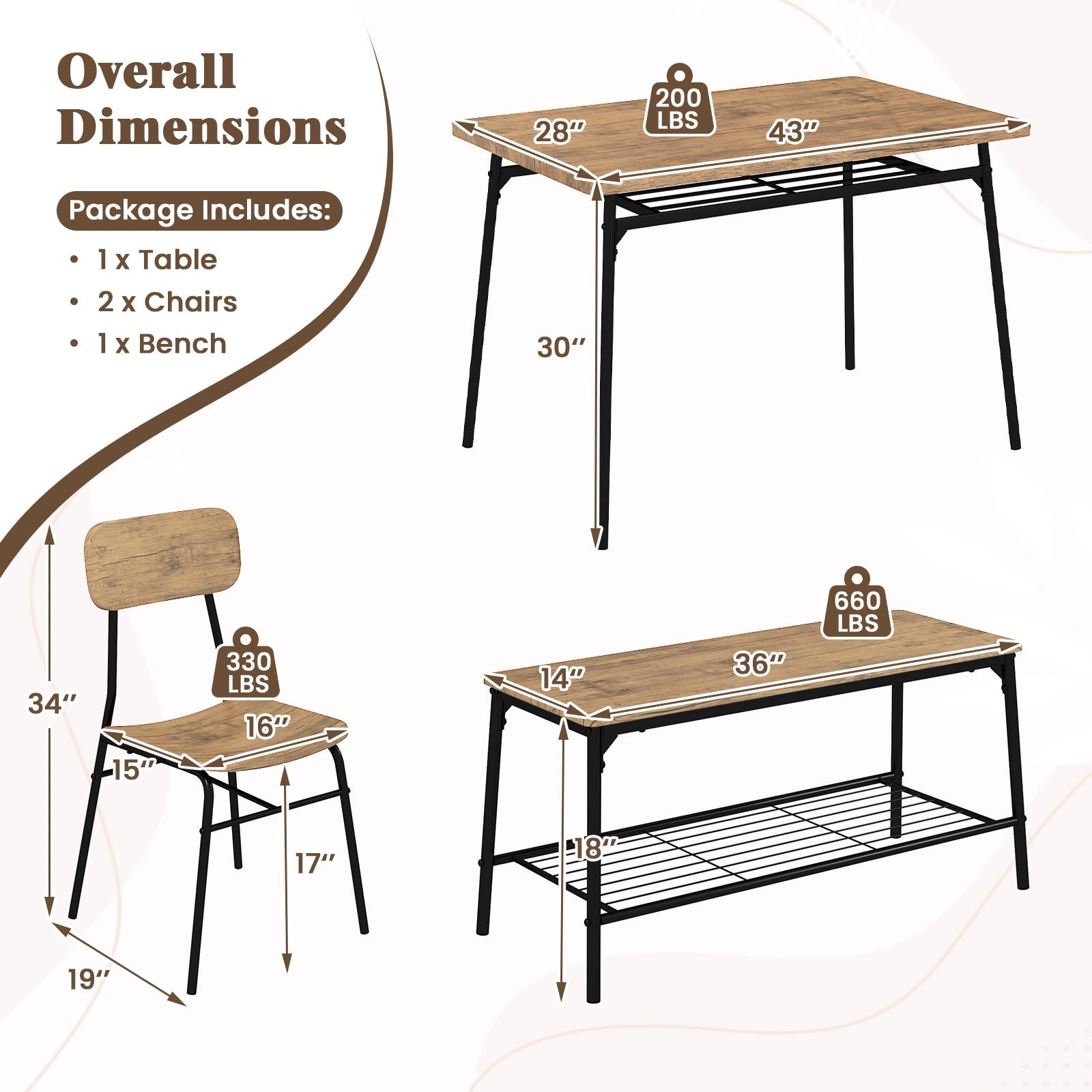 4 Piece Dining Table Set for 4, Metal Frame - Brown