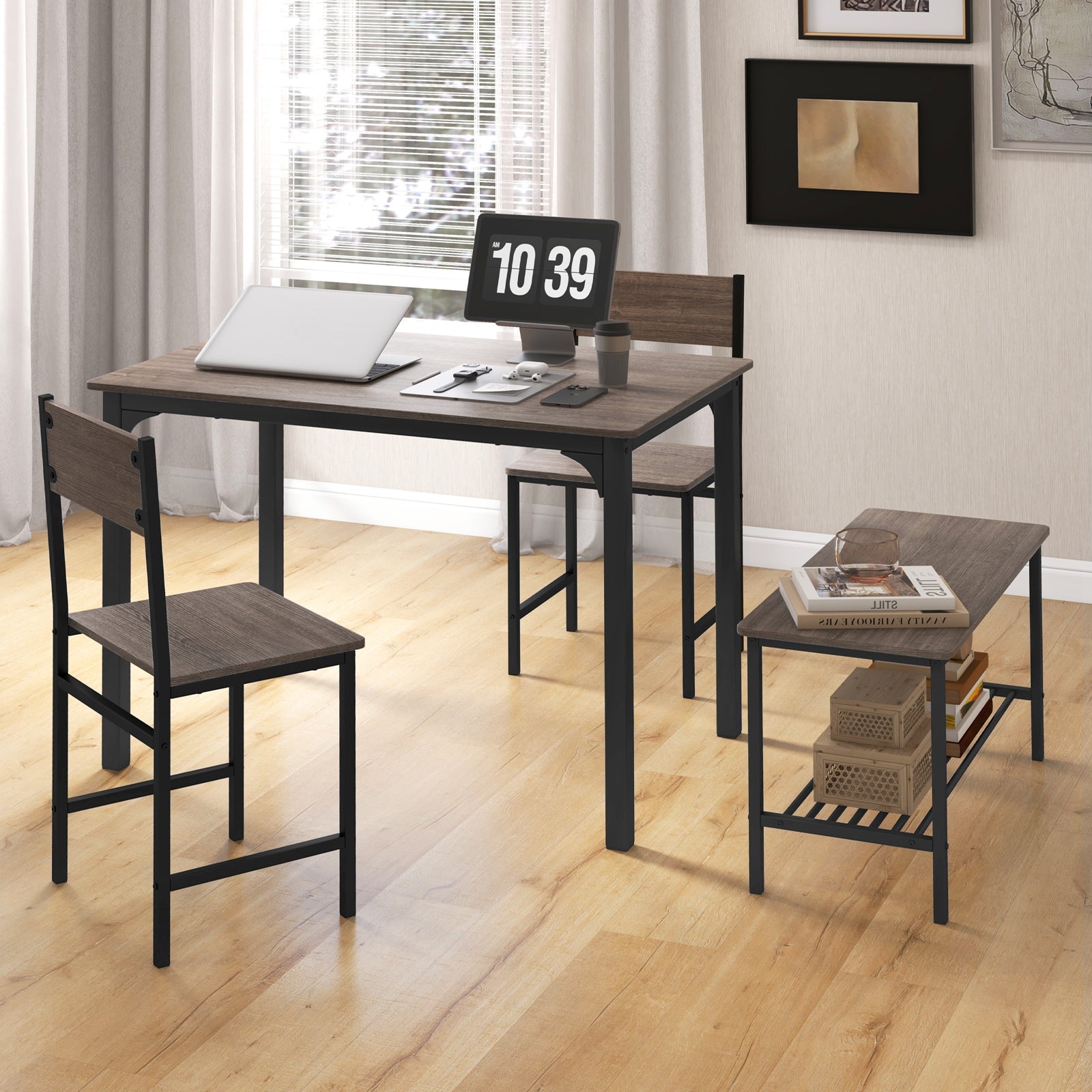 4 Pieces Rustic Dining Table Set with 2 Chairs and Bench - Gray