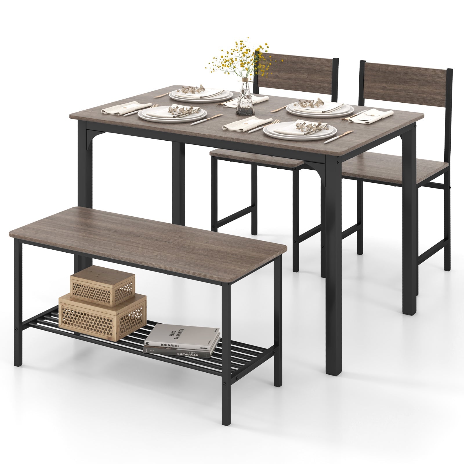 4 Pieces Rustic Dining Table Set with 2 Chairs and Bench - Gray