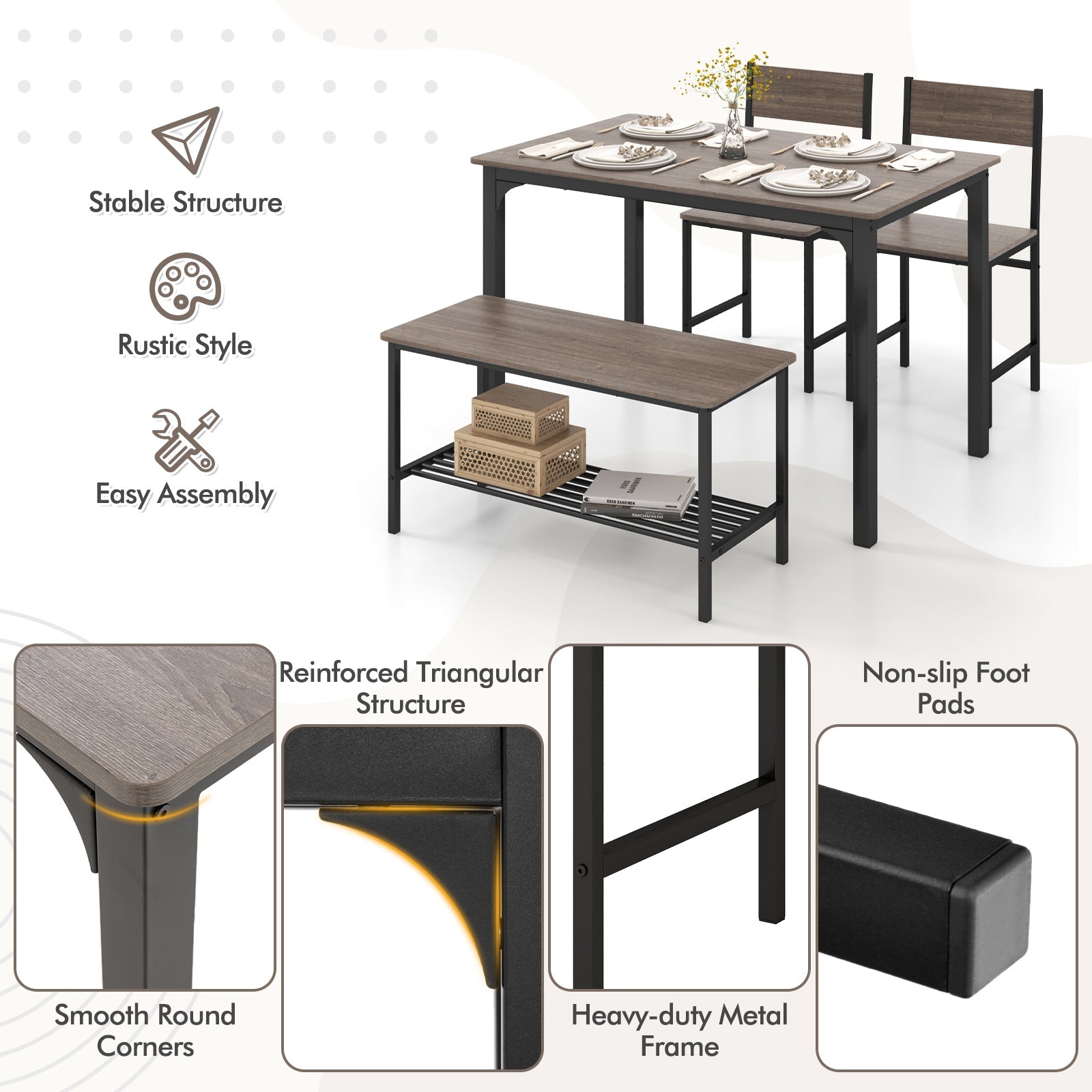 4 Pieces Rustic Dining Table Set with 2 Chairs and Bench - Gray