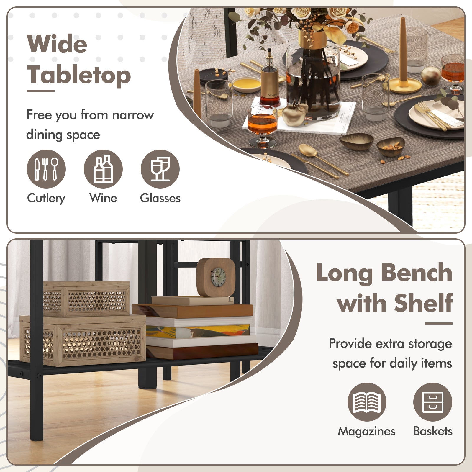 4 Pieces Rustic Dining Table Set with 2 Chairs and Bench - Gray