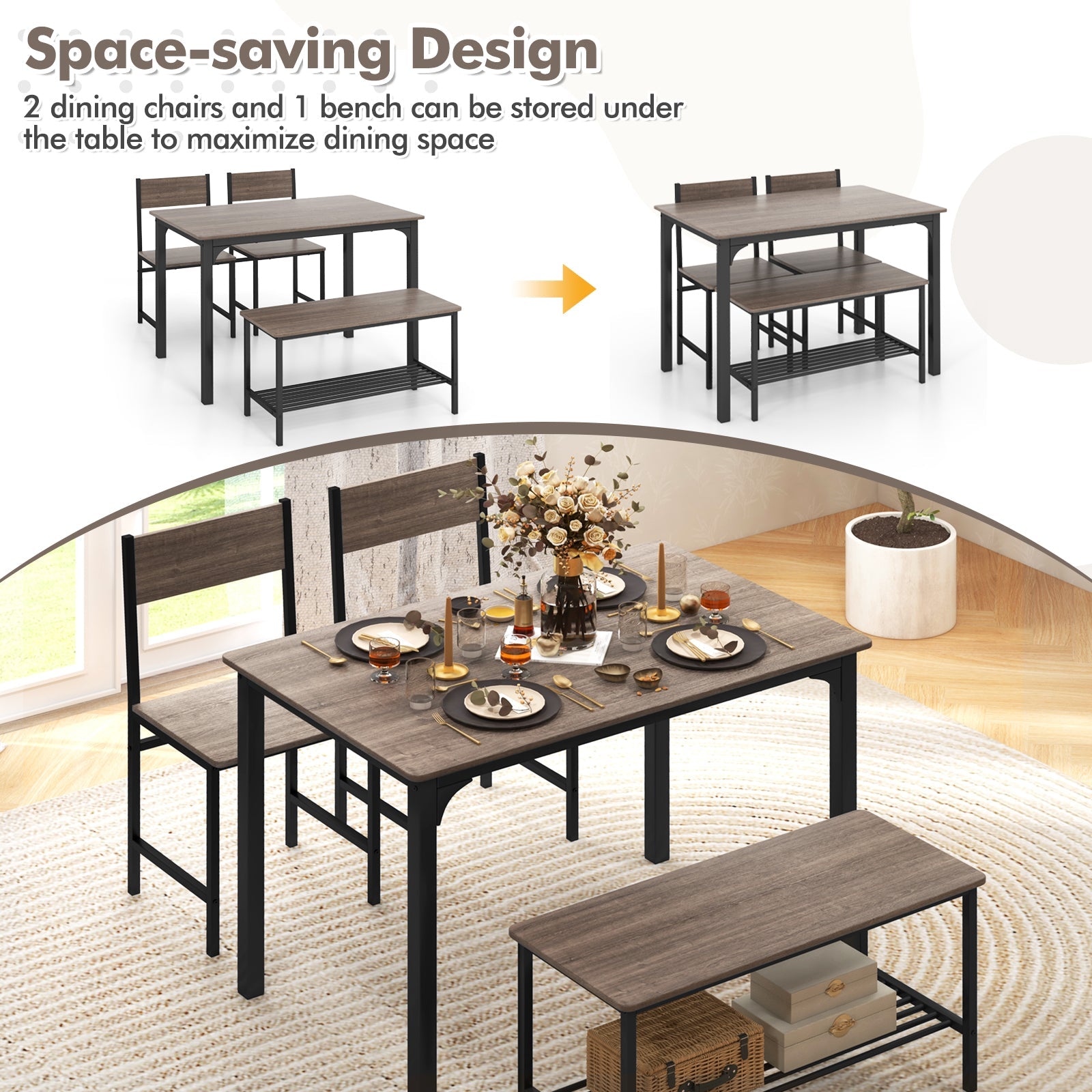 4 Pieces Rustic Dining Table Set with 2 Chairs and Bench - Gray