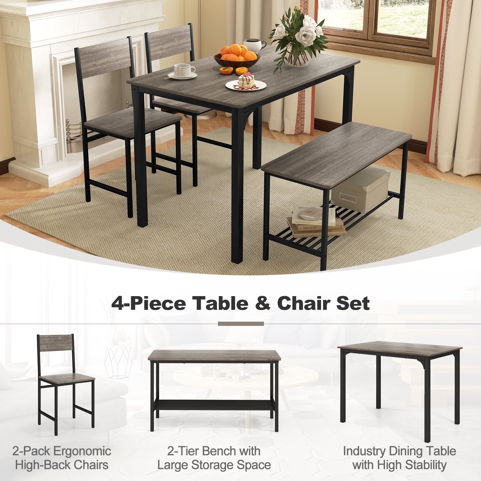 4 Pieces Rustic Dining Table Set with 2 Chairs and Bench - Gray