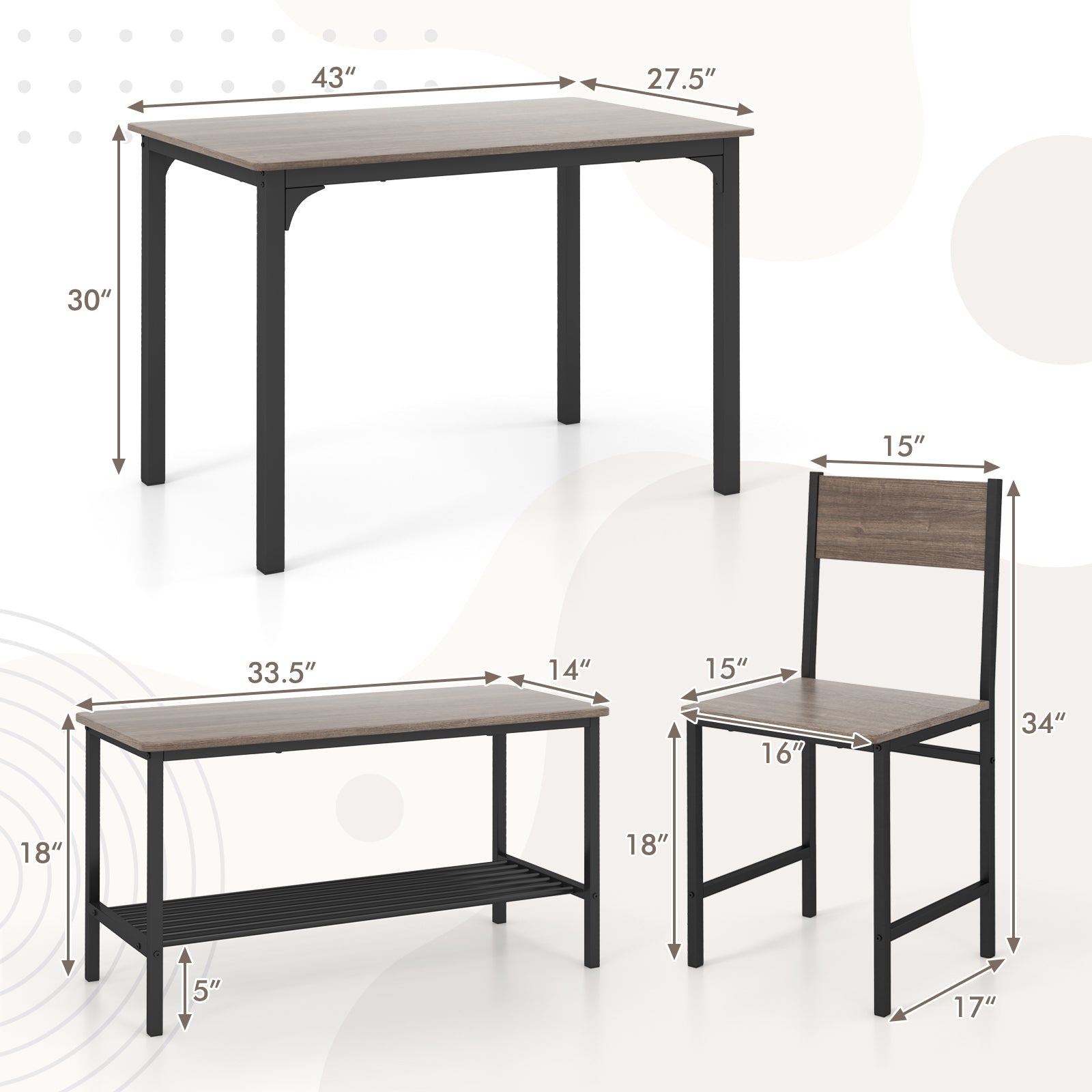 4 Pieces Rustic Dining Table Set with 2 Chairs and Bench - Gray