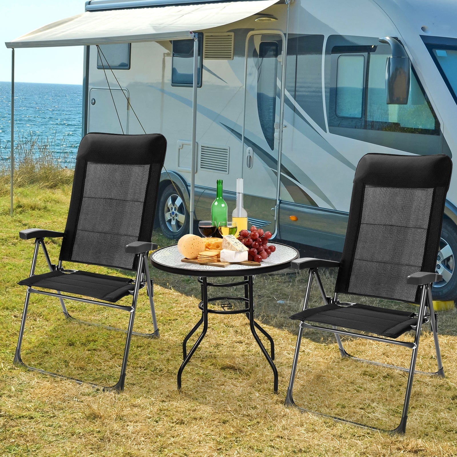 2 Pcs Portable Patio Folding Dining Chairs with -Black