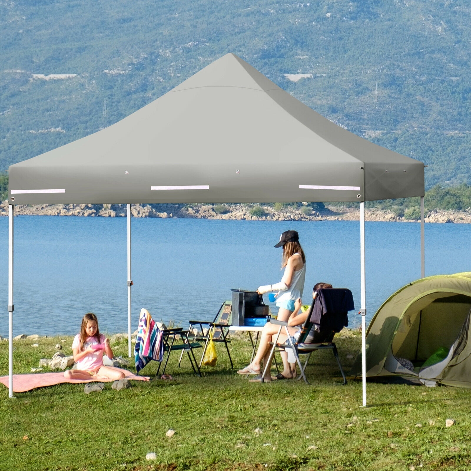10 x 10 Feet Pop up Gazebo with 4 Height and Adjust Folding Awning - Gray