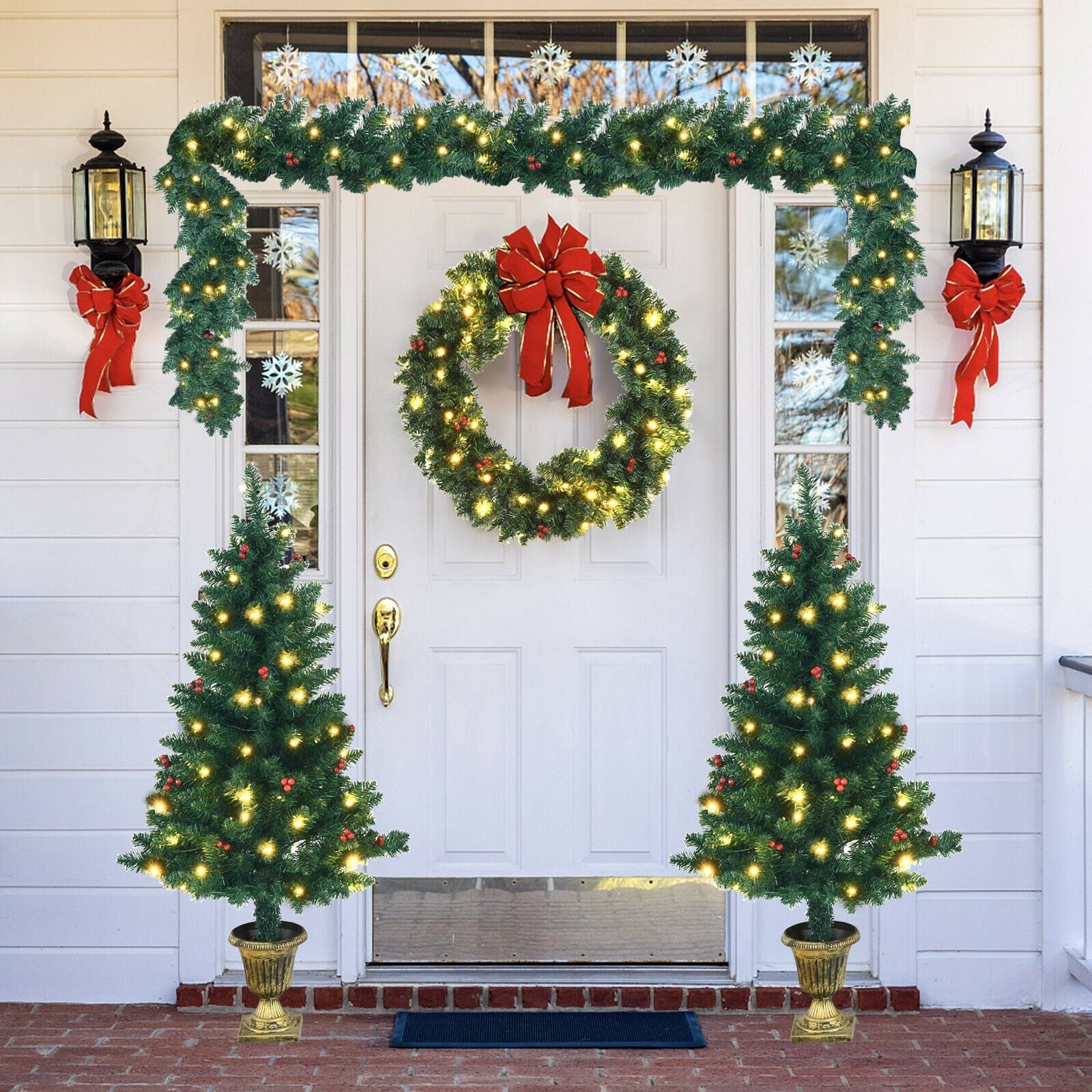 4 Pieces Christmas Decoration Set with Garland Wreath and Entrance Trees by DirectDeals