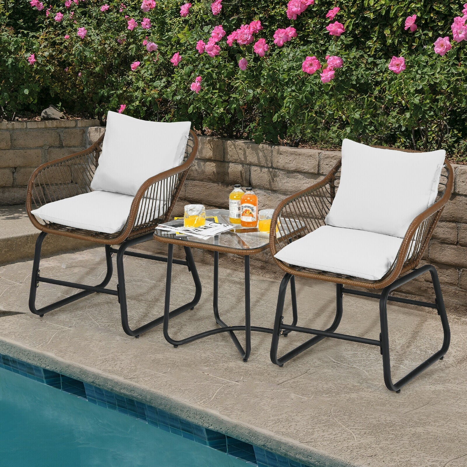3 Pieces Patio Rattan Bistro Set - White