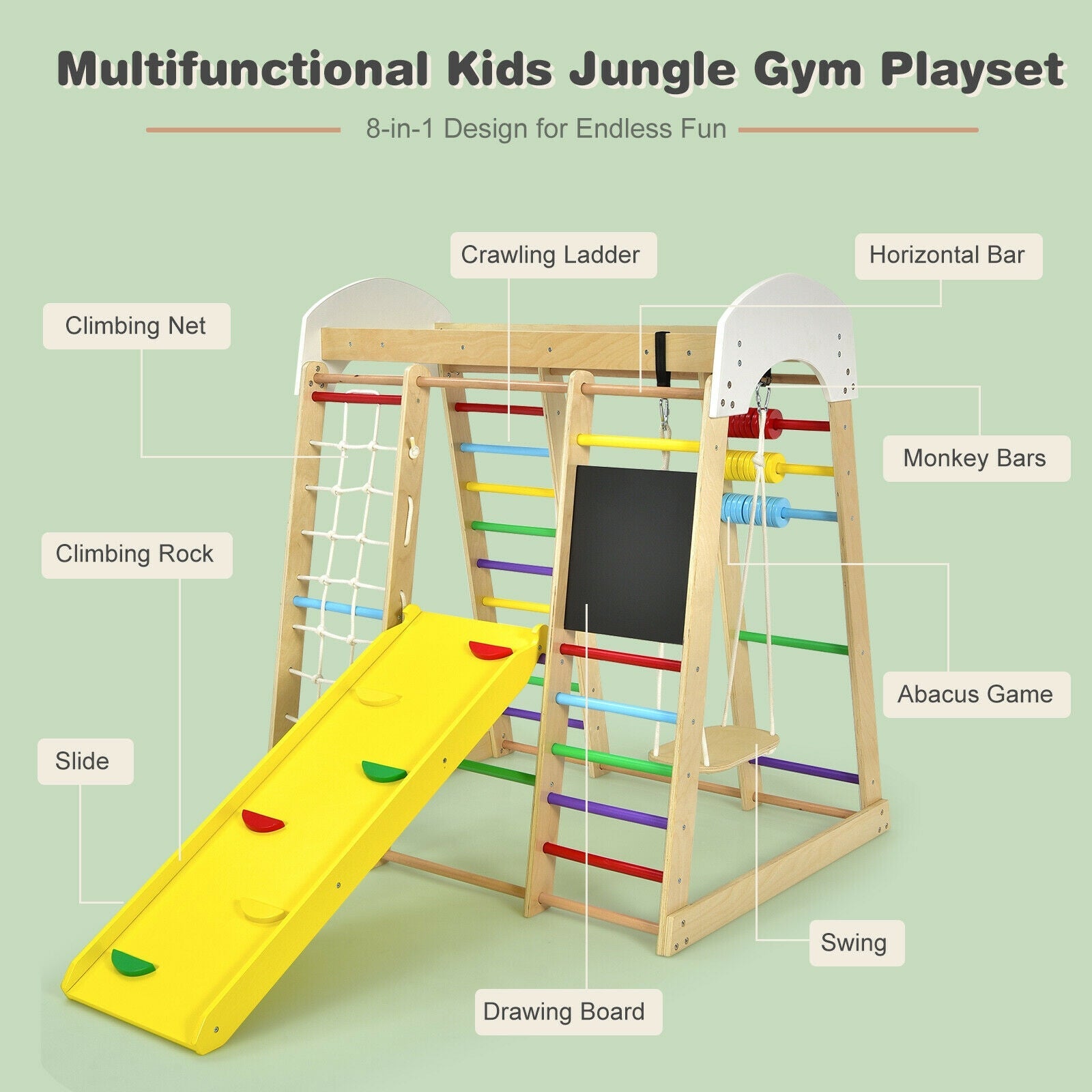 Indoor Wooden 8-in-1 Climber Playset for Children-Multicolor