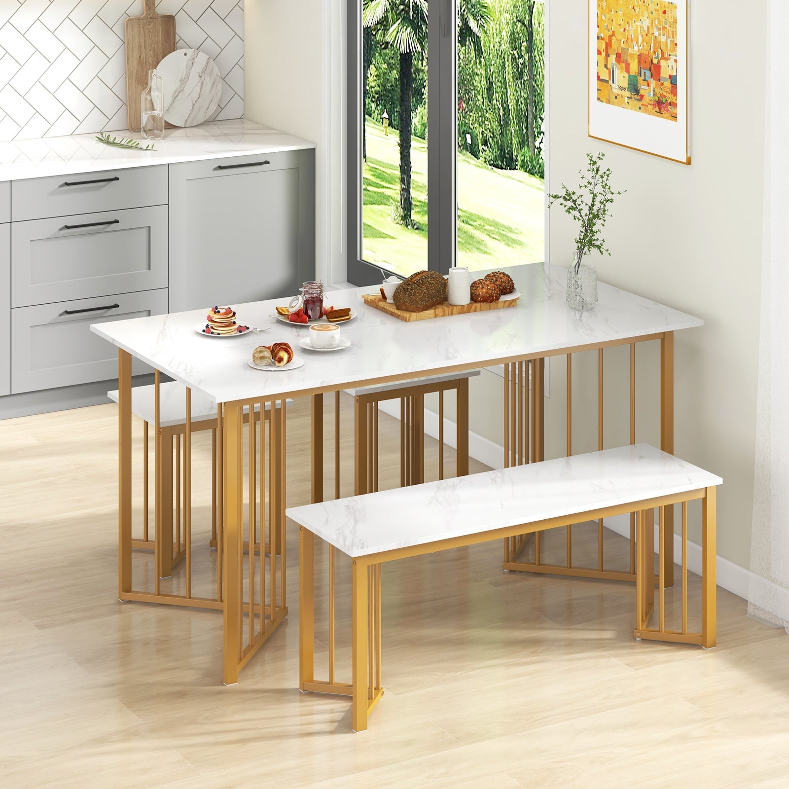 4 Piece Dining Table Set with Bench and 2 Stools - White