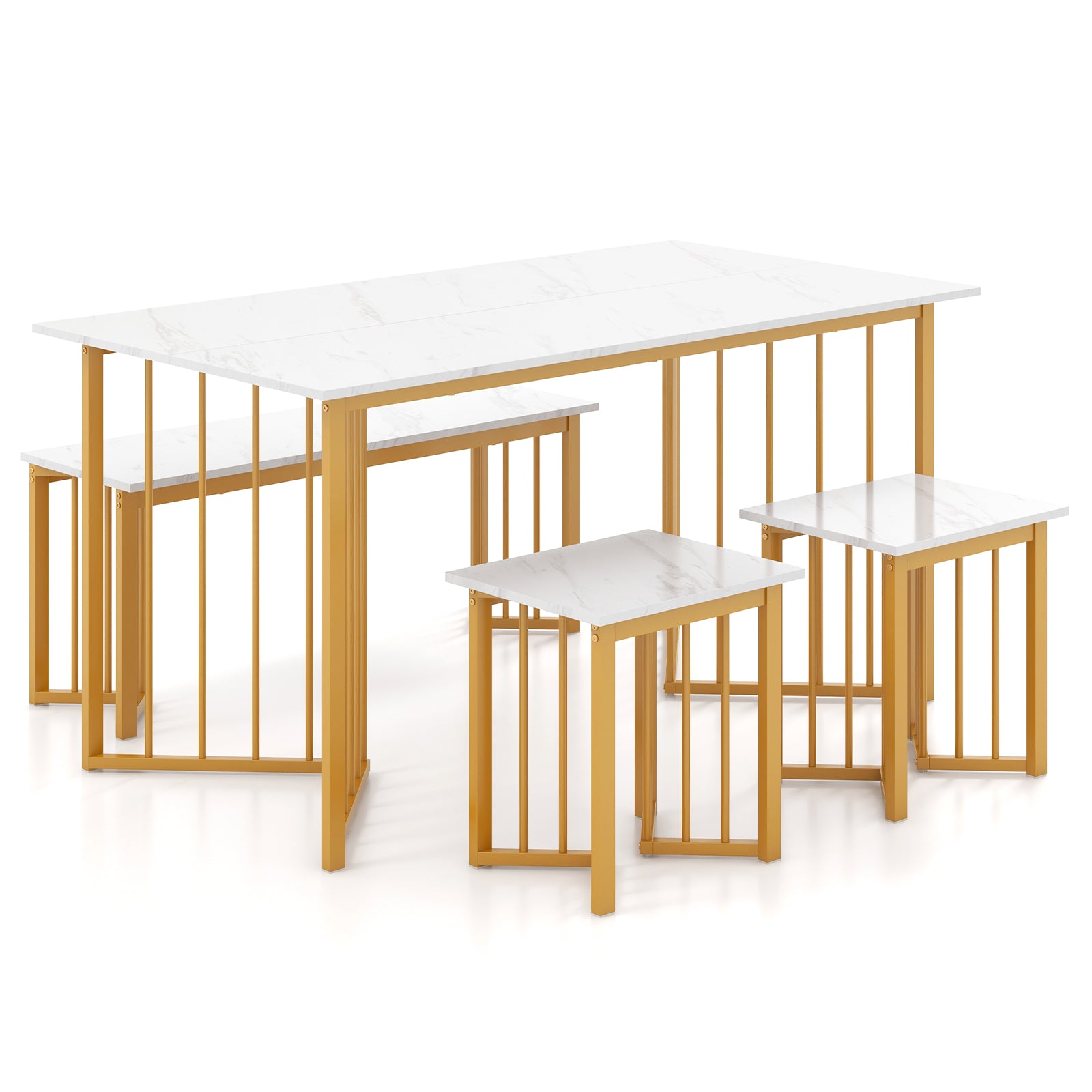 4 Piece Dining Table Set with Bench and 2 Stools - White