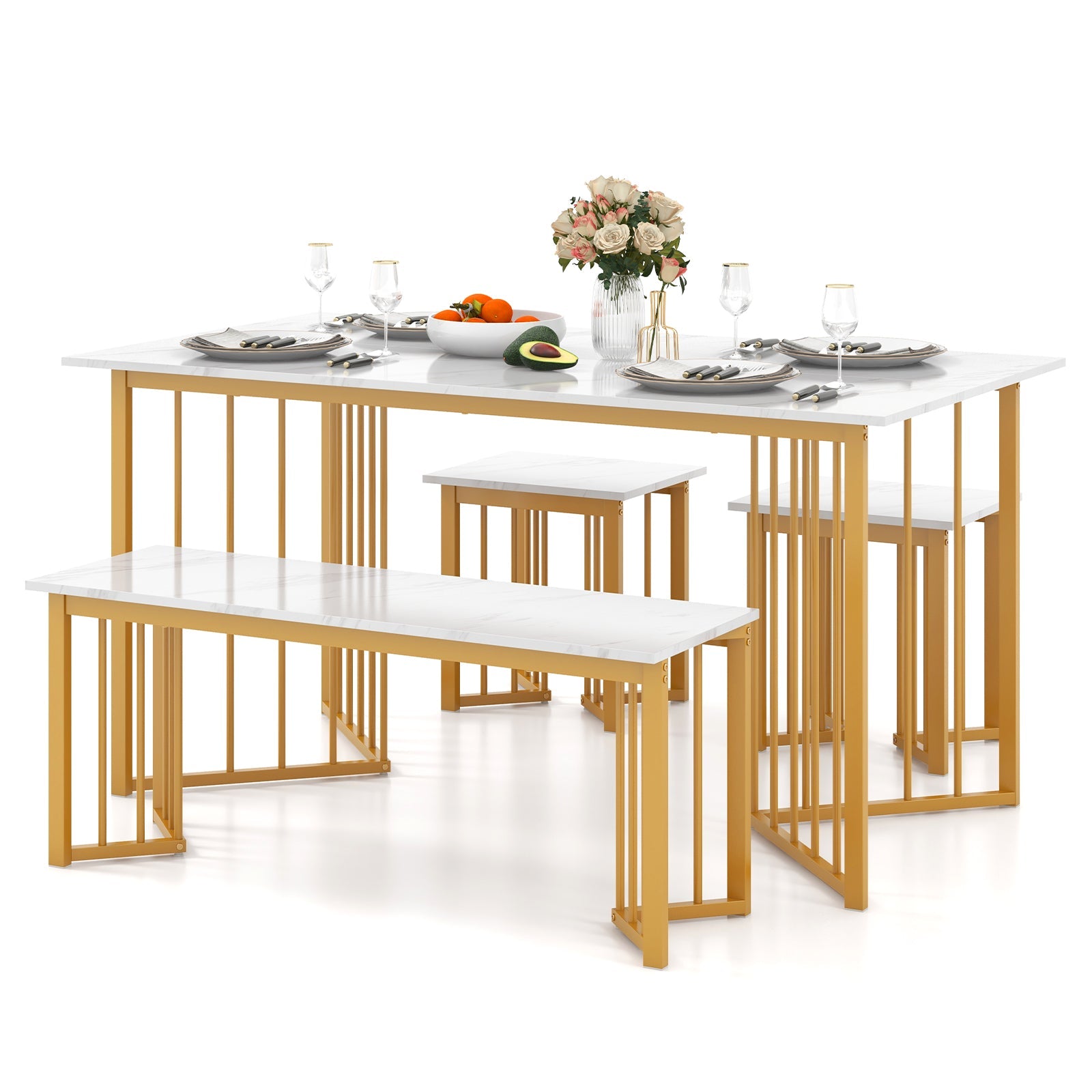 4 Piece Dining Table Set with Bench and 2 Stools - White