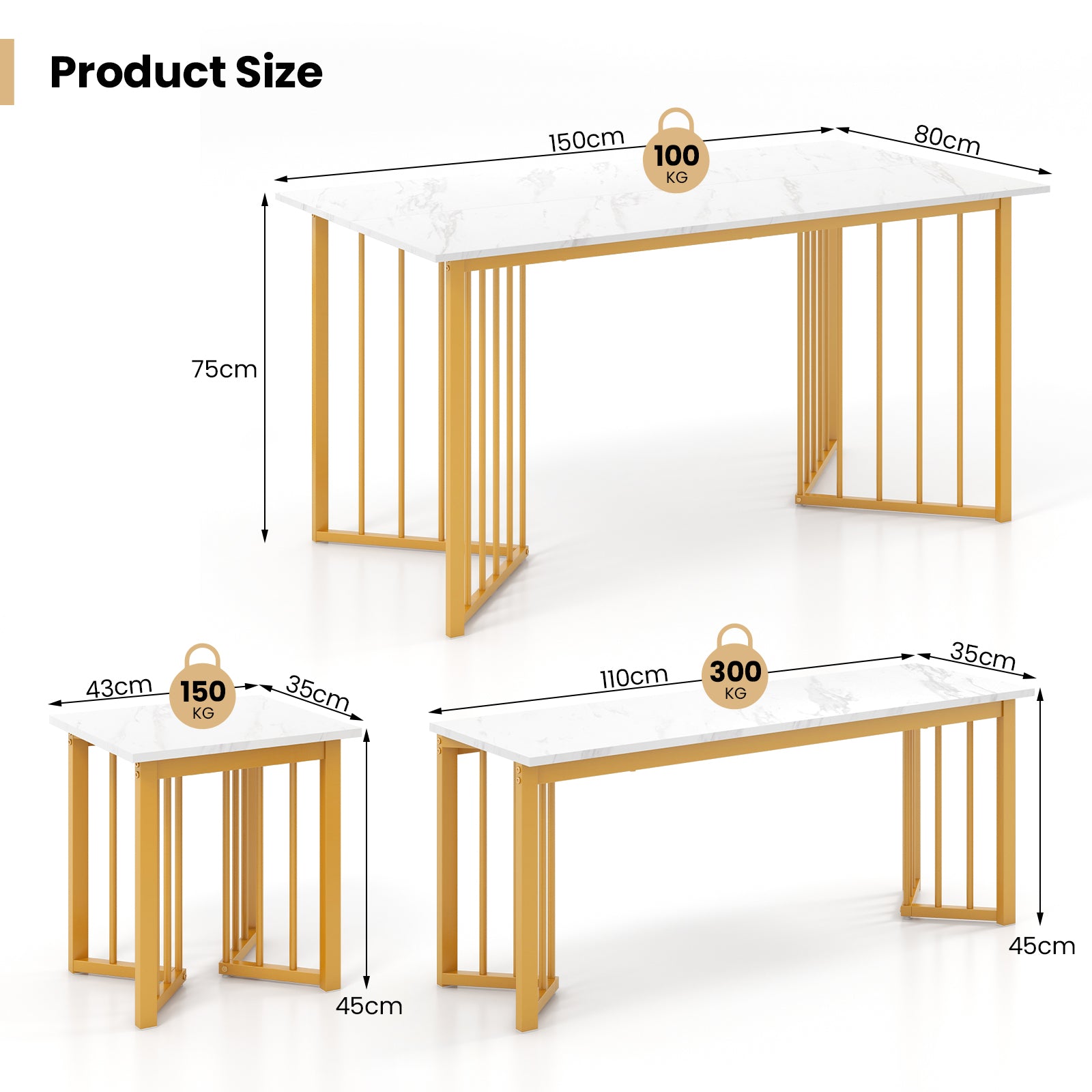 4 Piece Dining Table Set with Bench and 2 Stools - White