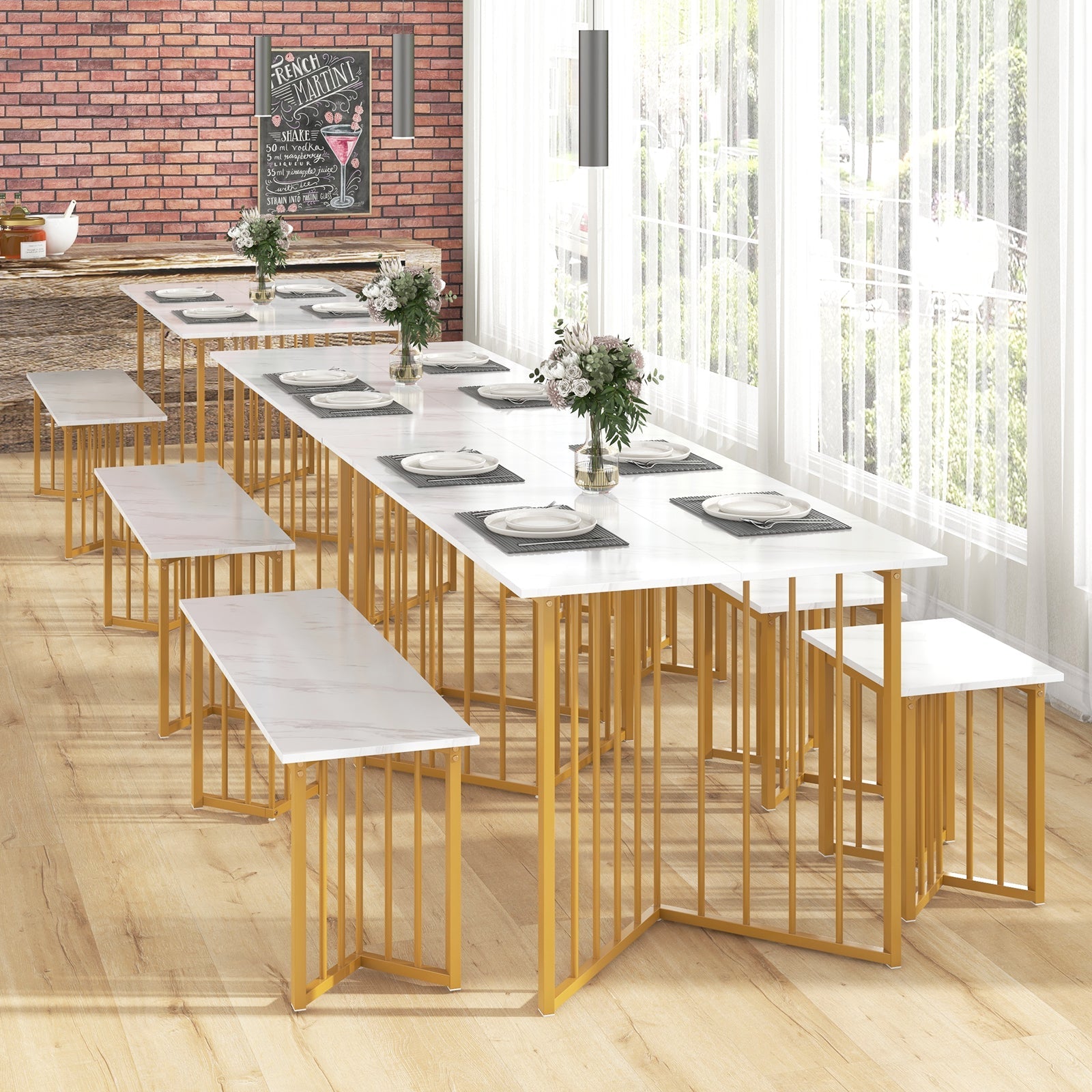 4 Piece Dining Table Set with Bench and 2 Stools - White