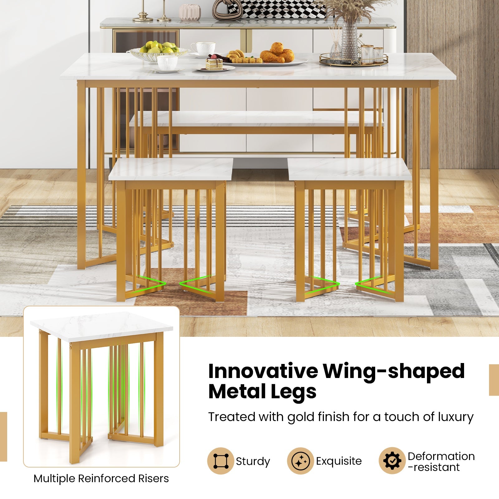 4 Piece Dining Table Set with Bench and 2 Stools - White