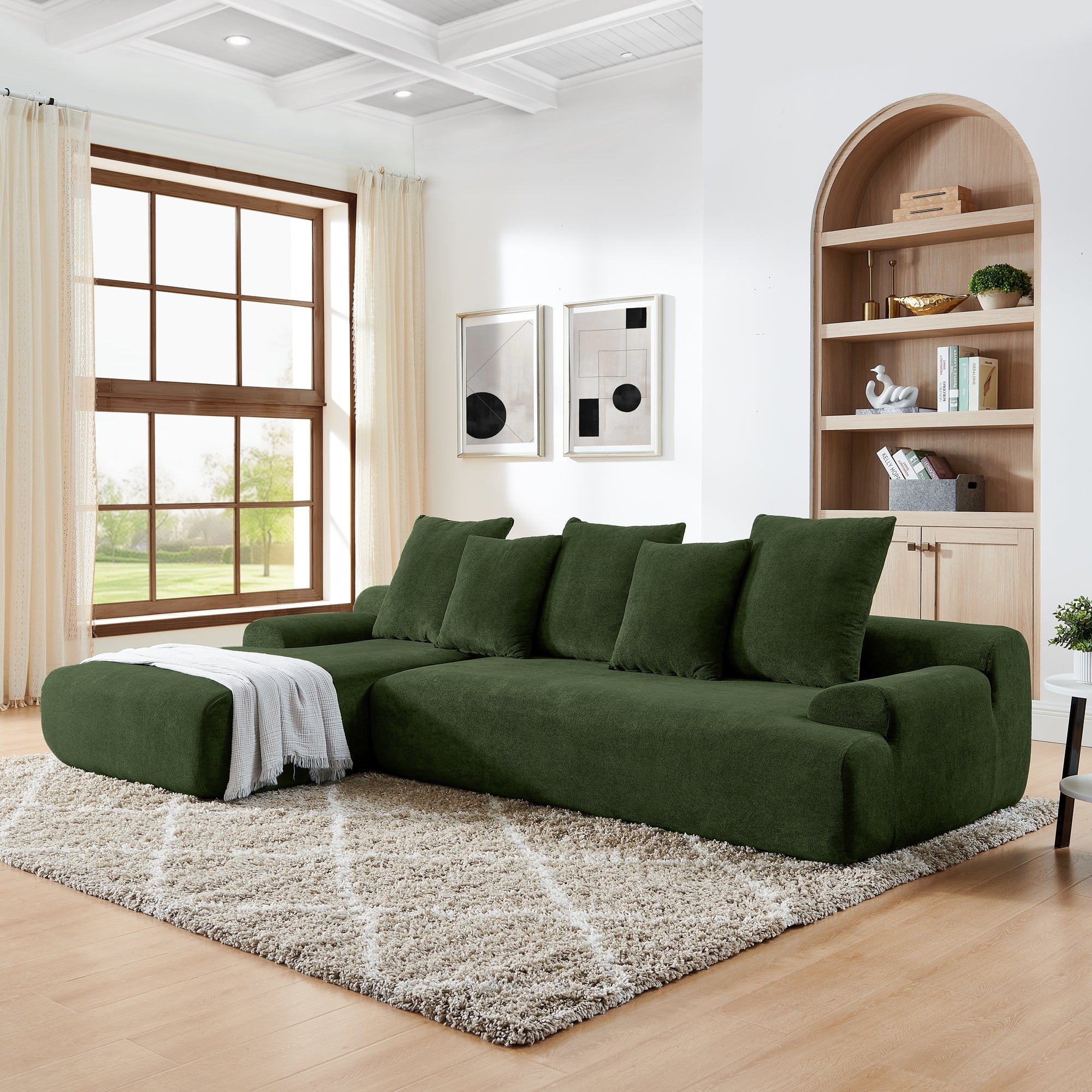 Upholstered L-Shape Sectional Sofa Couch - Melange Velvet, Green