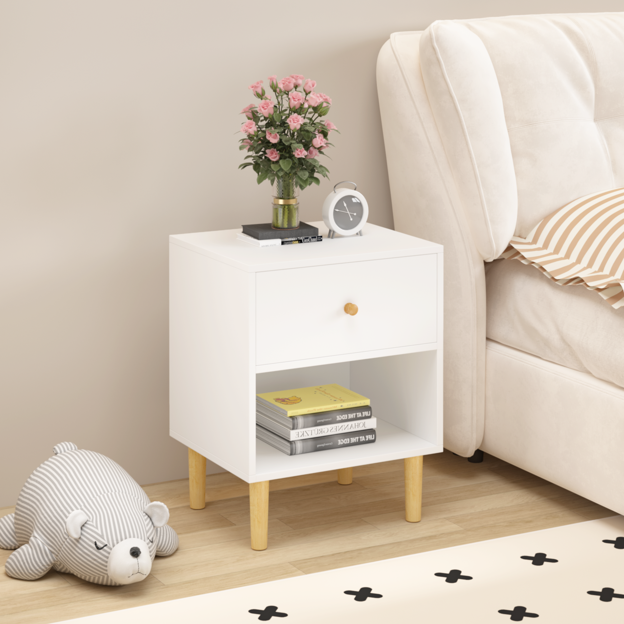23.22''H Wooden Nightstand with One Drawer, White