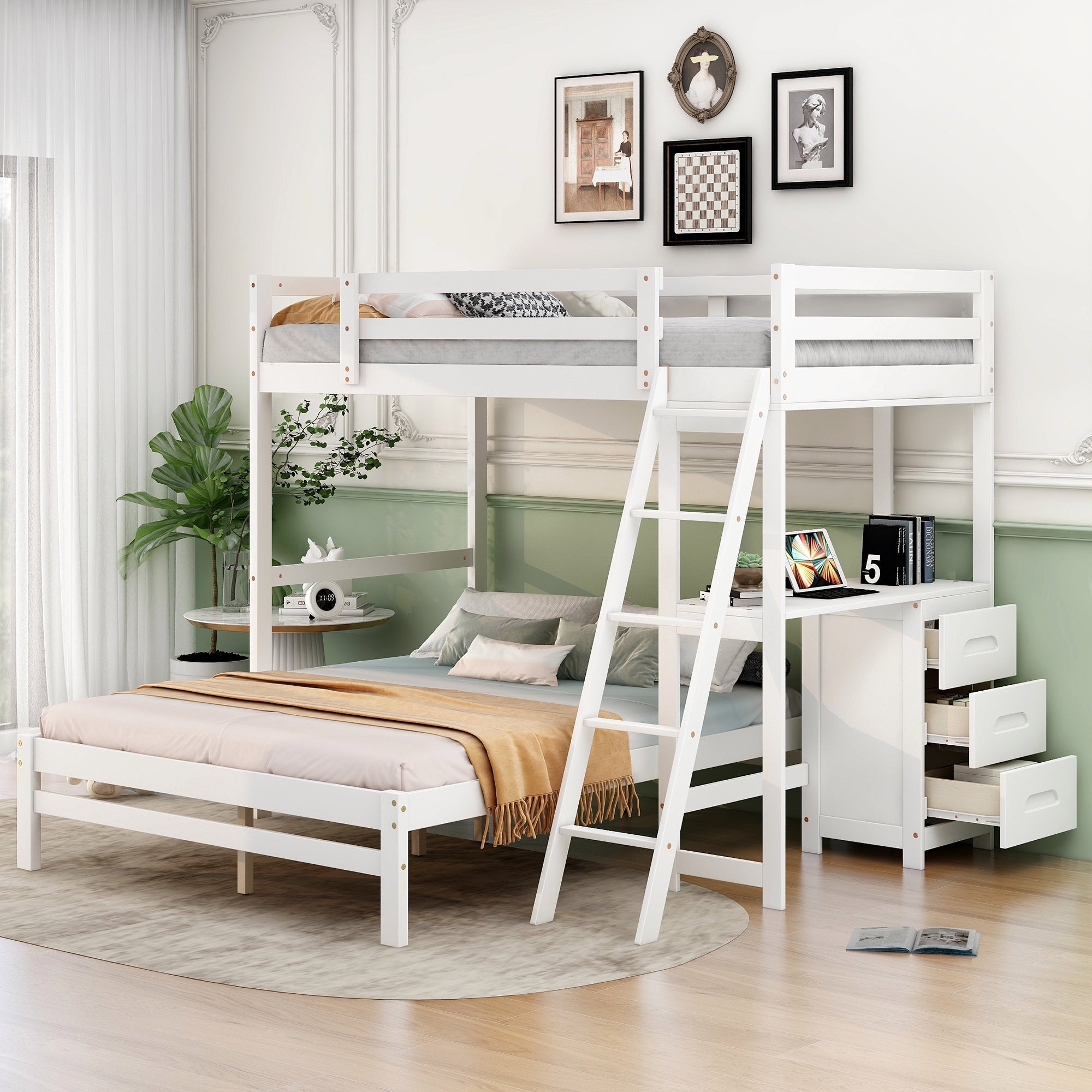 Twin-Over-Full Bunk Bed with Built-in Desk and Three Drawers, White