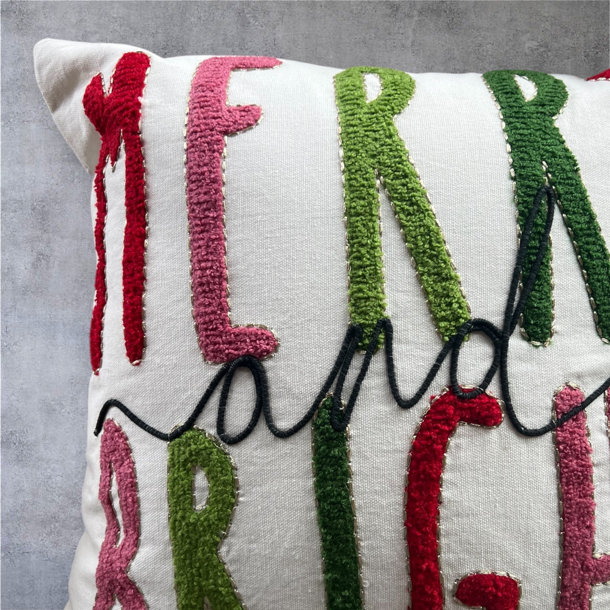 Merry and Bright Embroidered Christmas Themed Pillow