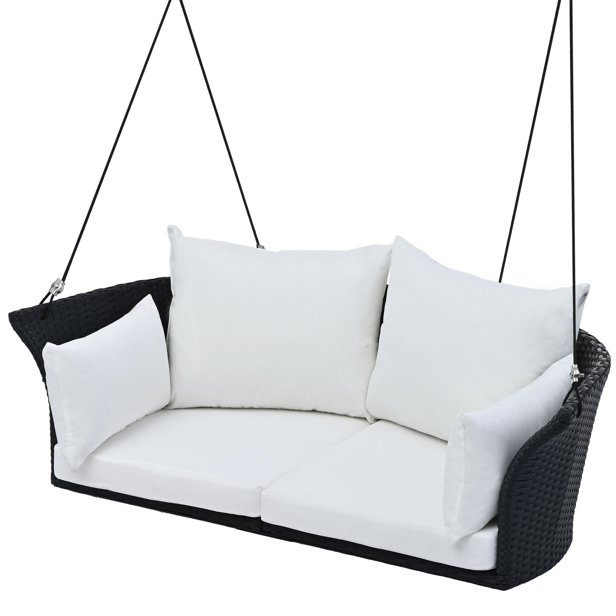 2-Person Rattan Woven Swing Chair, Black Wicker And White Cushion