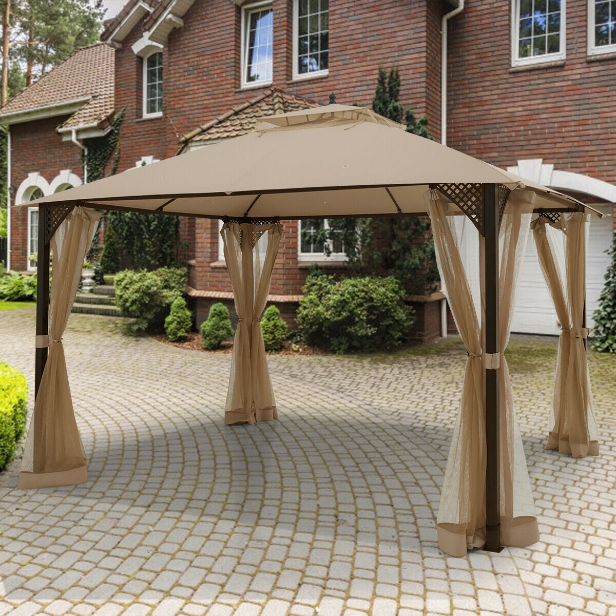 12 x 10 Feet Outdoor Double Top Patio Gazebo with Netting - Brown