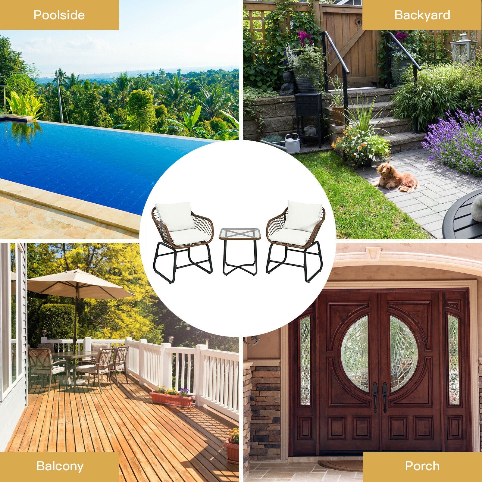 3 Pieces Patio Rattan Bistro Set - White