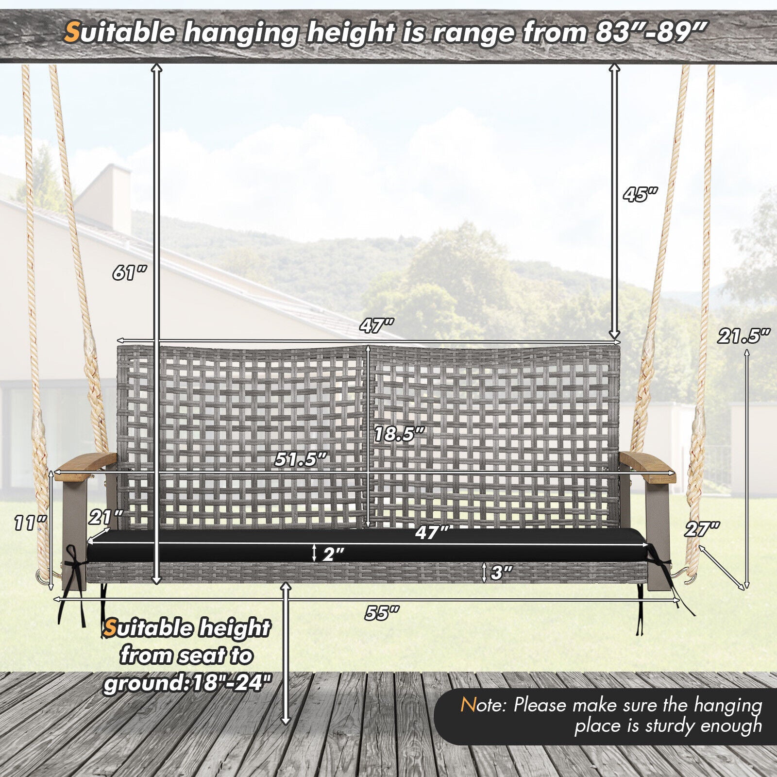 2-Person Patio Wicker Hanging Swing Chair - Black