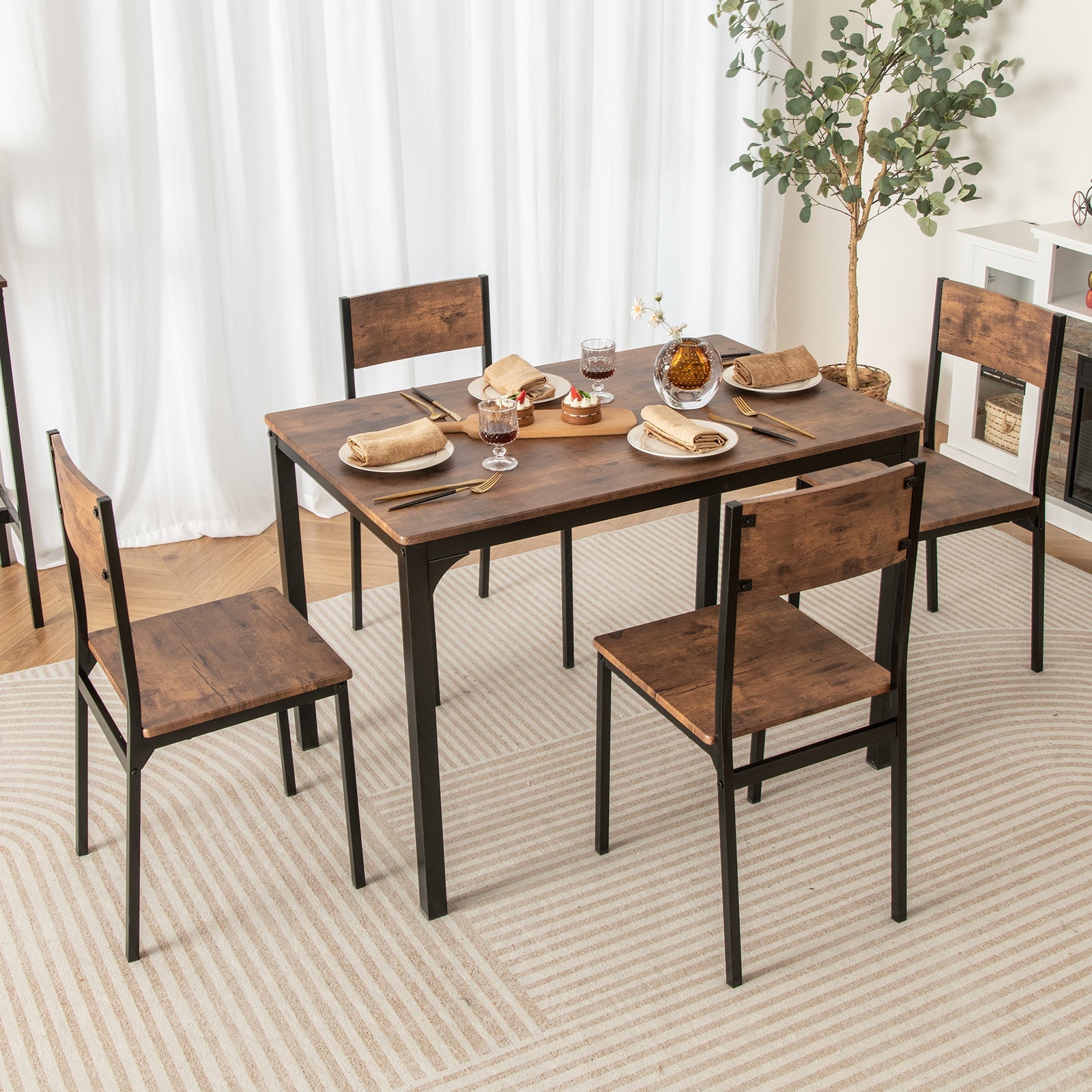 5 Piece Dining Table Set Industrial Style for 4 - Rustic Brown