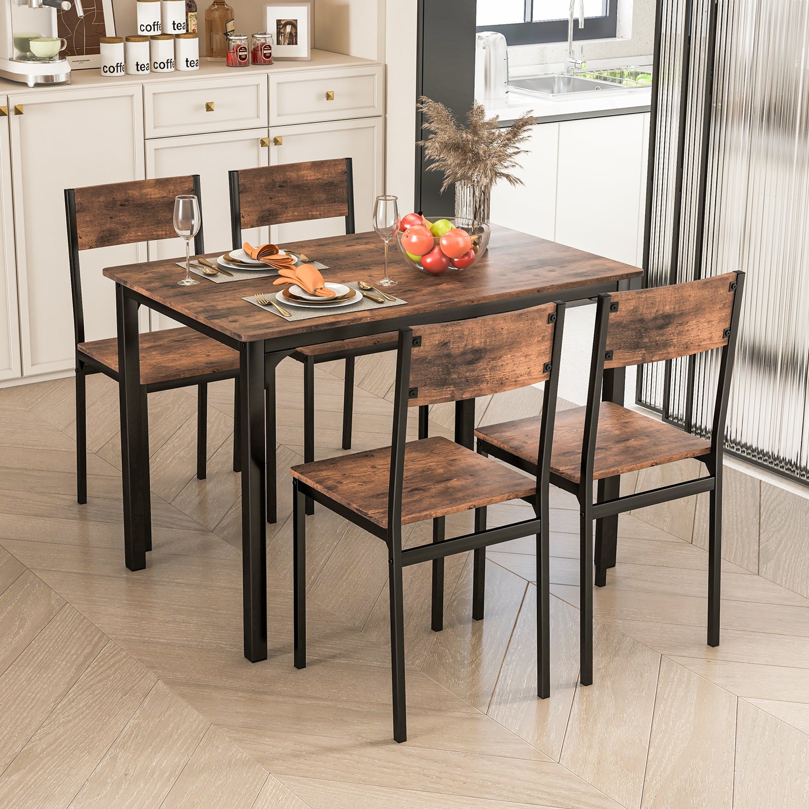 5 Piece Dining Table Set Industrial Style for 4 - Rustic Brown