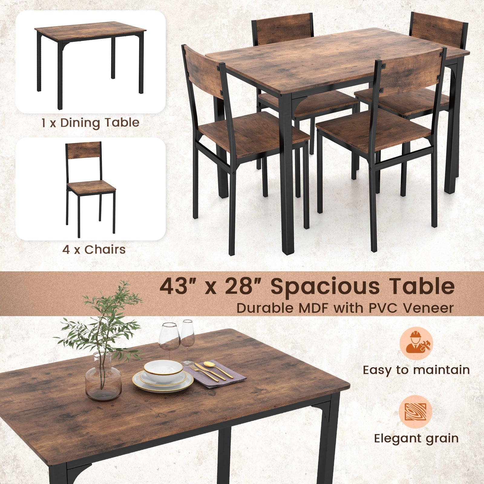 5 Piece Dining Table Set Industrial Style for 4 - Rustic Brown