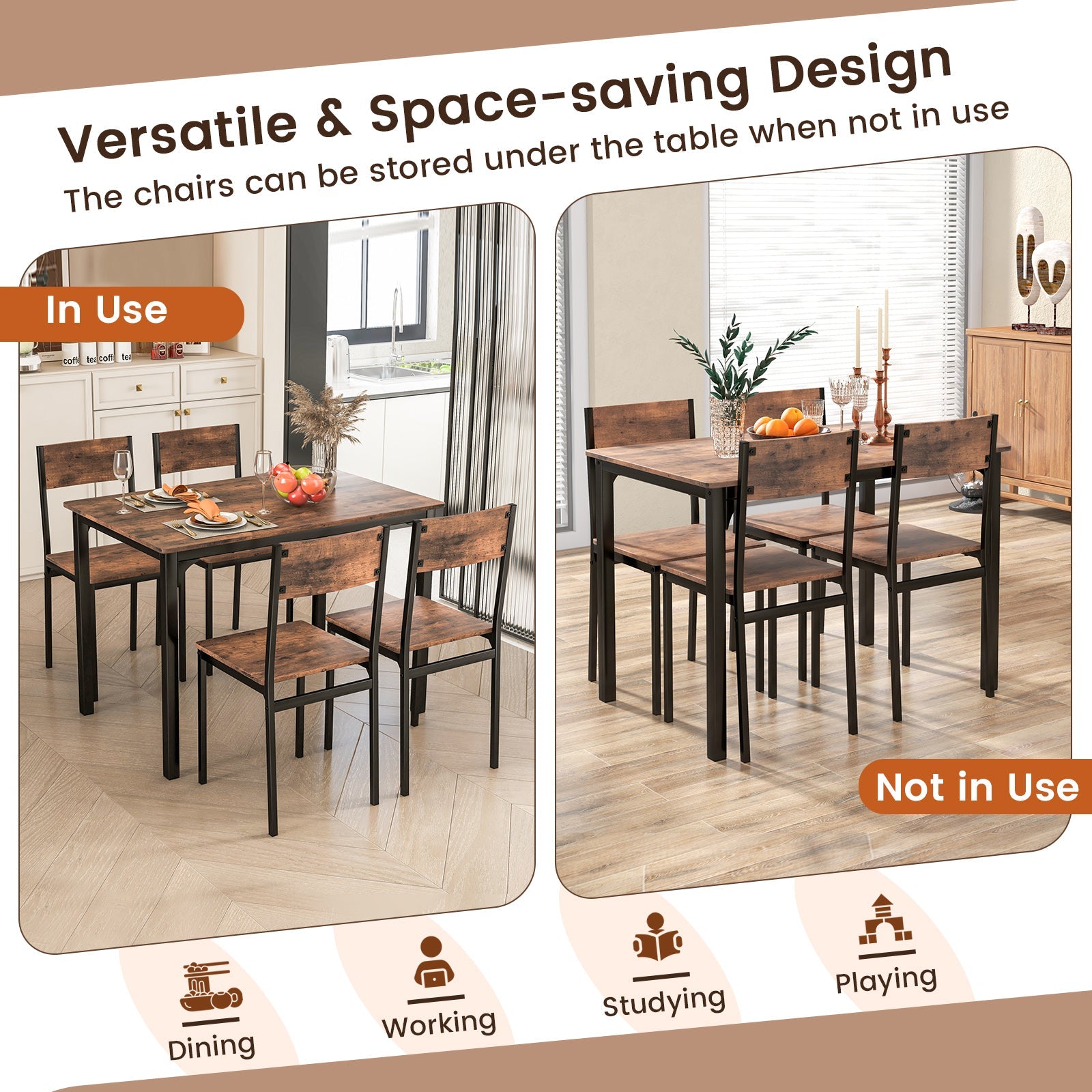 5 Piece Dining Table Set Industrial Style Kitchen Table and Chairs for 4-Rustic Brown by DirectDeals
