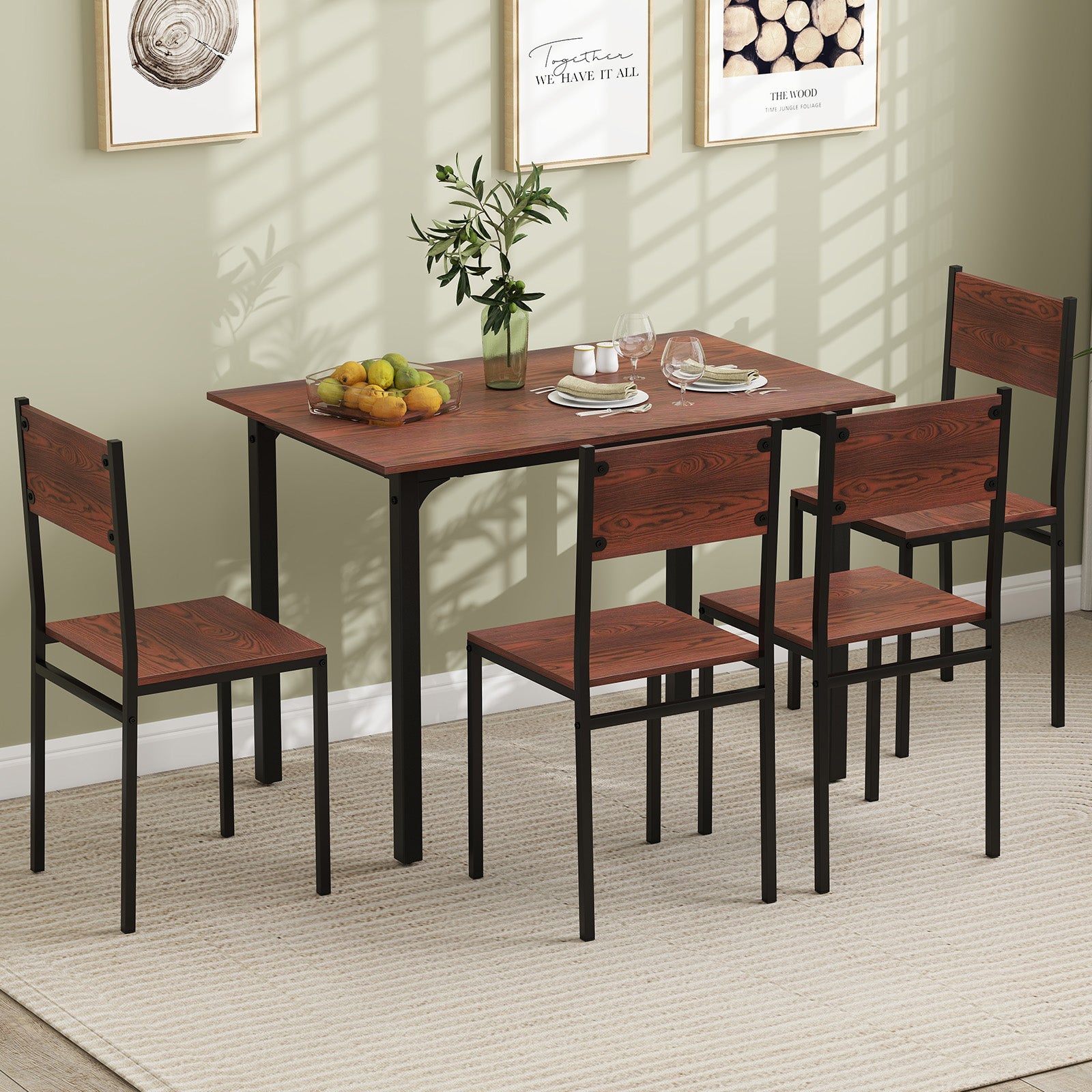 5 Piece Dining Table Set Industrial Style - Walnut