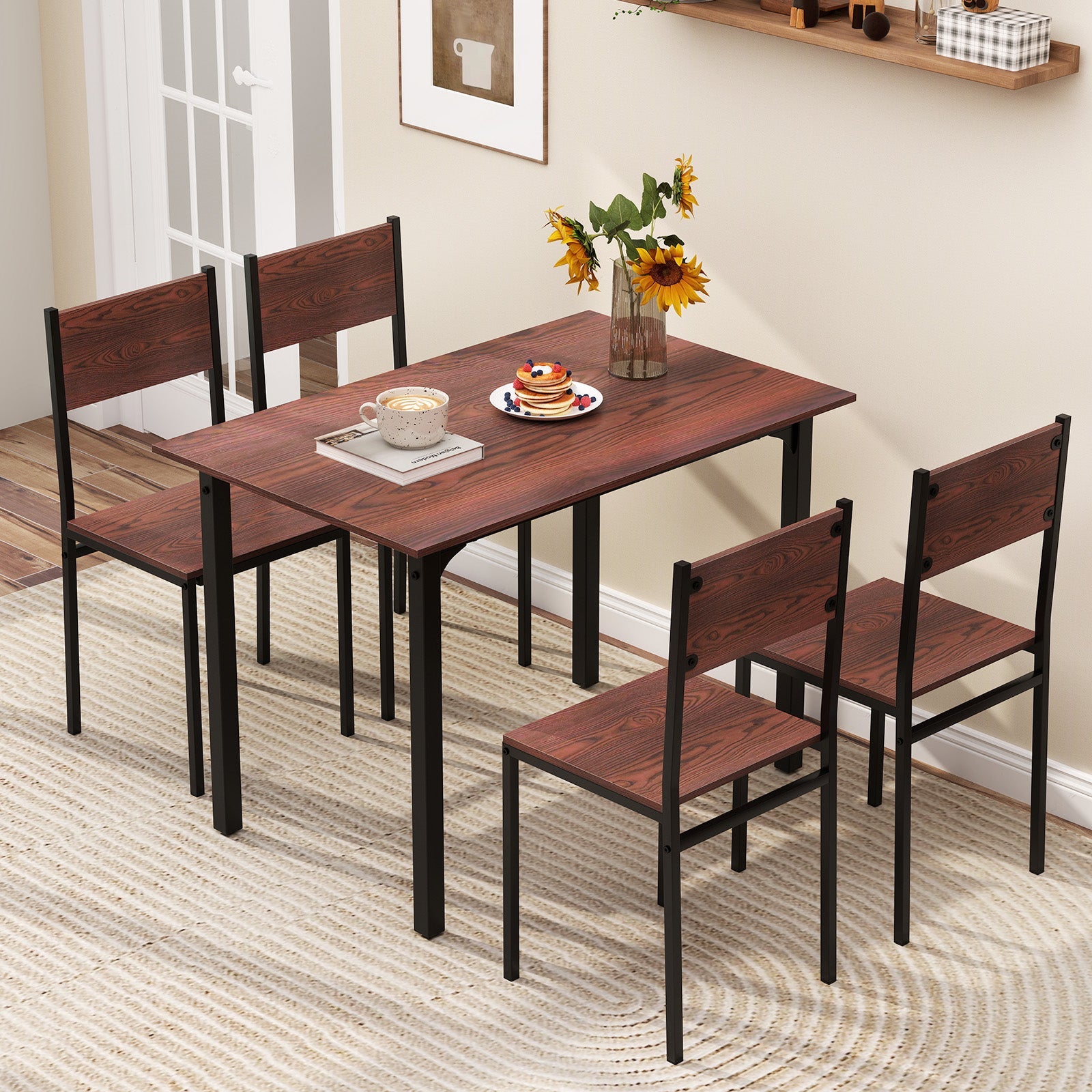 5 Piece Dining Table Set Industrial Style - Walnut
