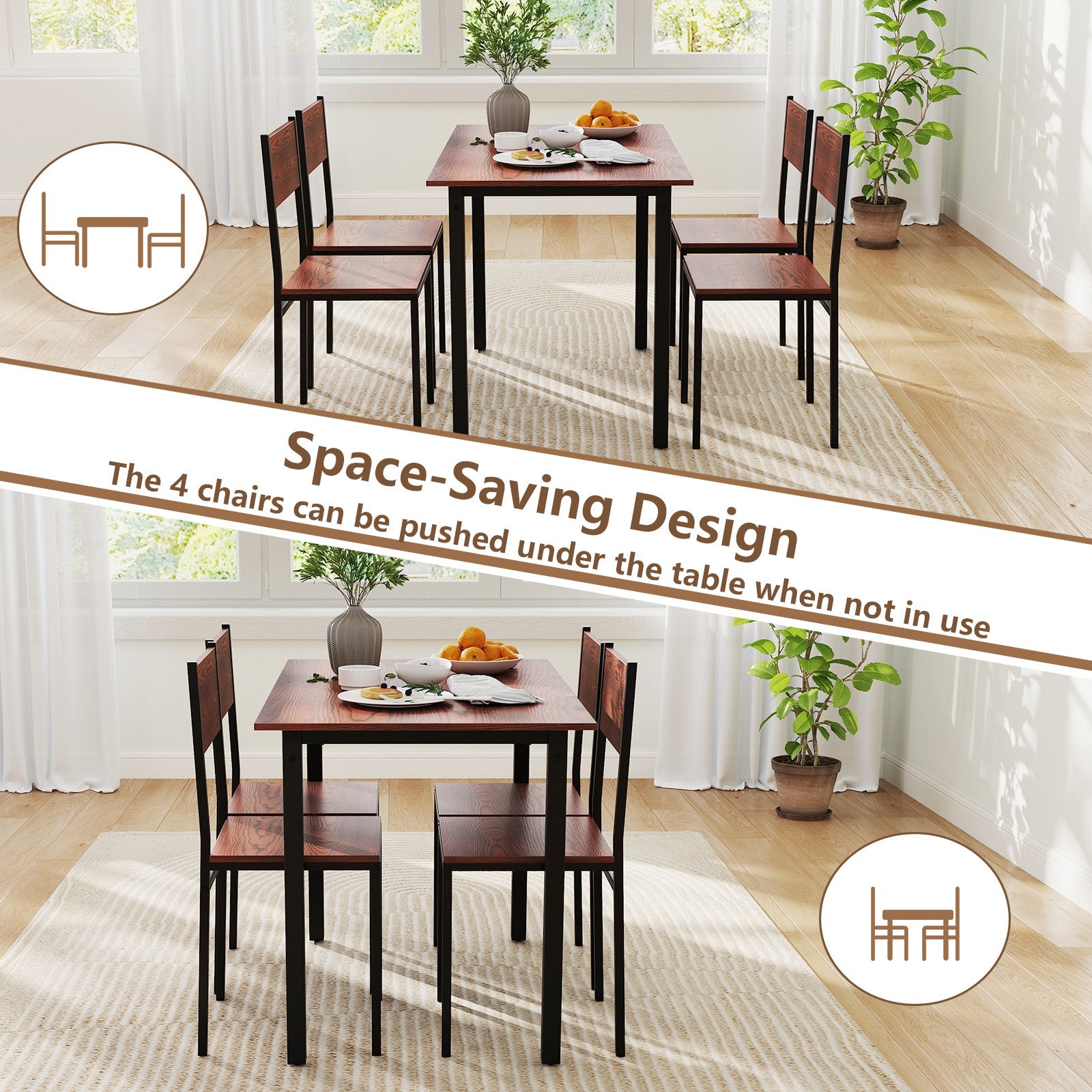 5 Piece Dining Table Set Industrial Style - Walnut