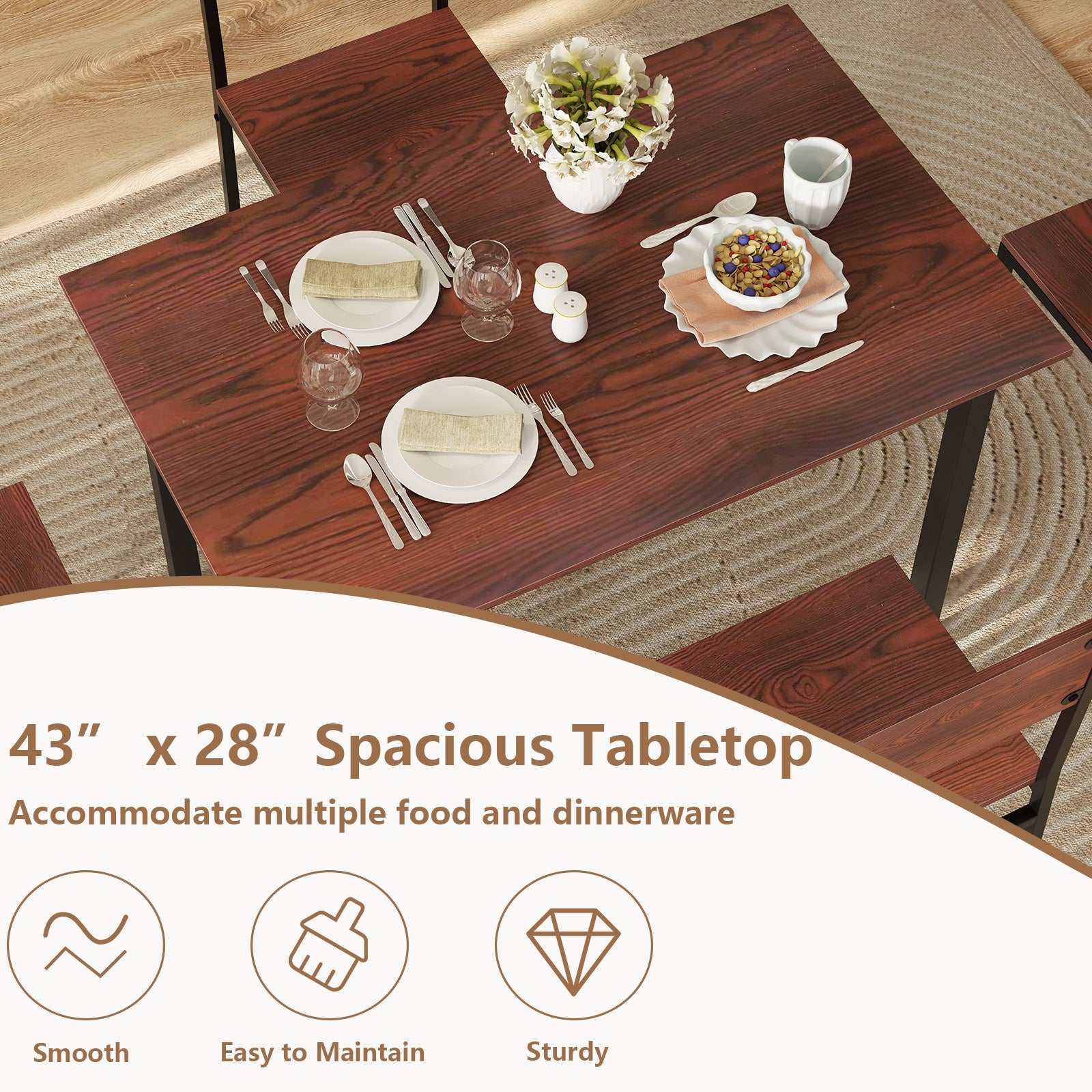 5 Piece Dining Table Set Industrial Style - Walnut