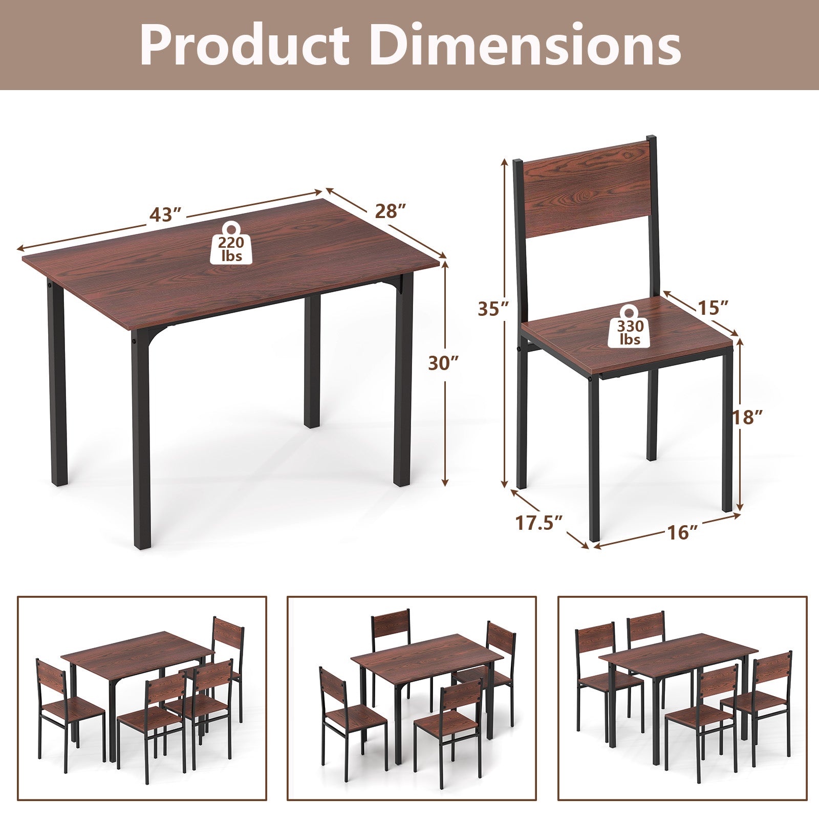 5 Piece Dining Table Set Industrial Style - Walnut