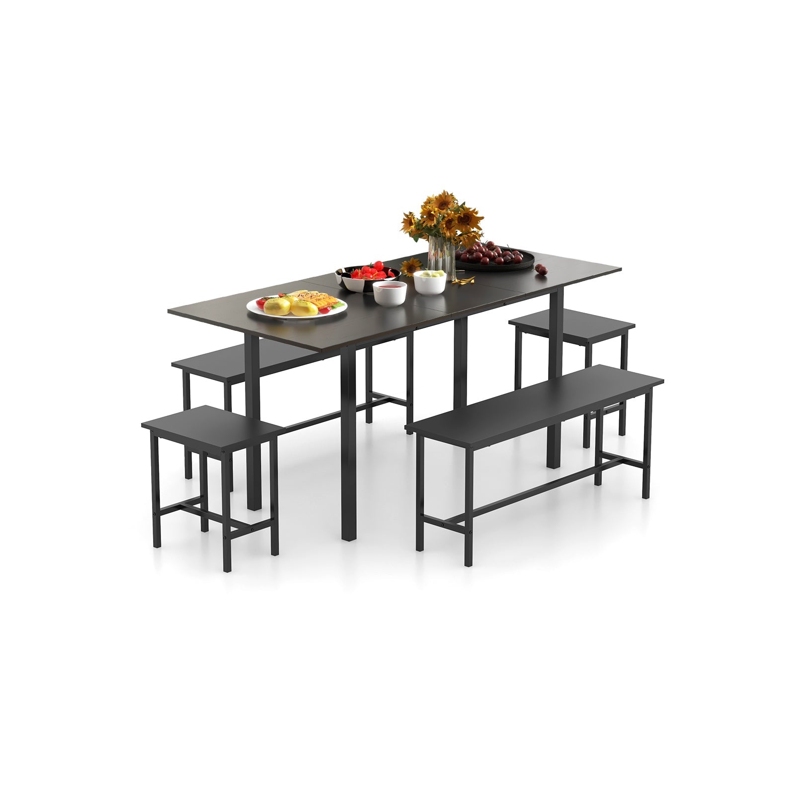 5 Piece Dining Table Set for 4-6 with 2 Benches & 2 Stools - Black