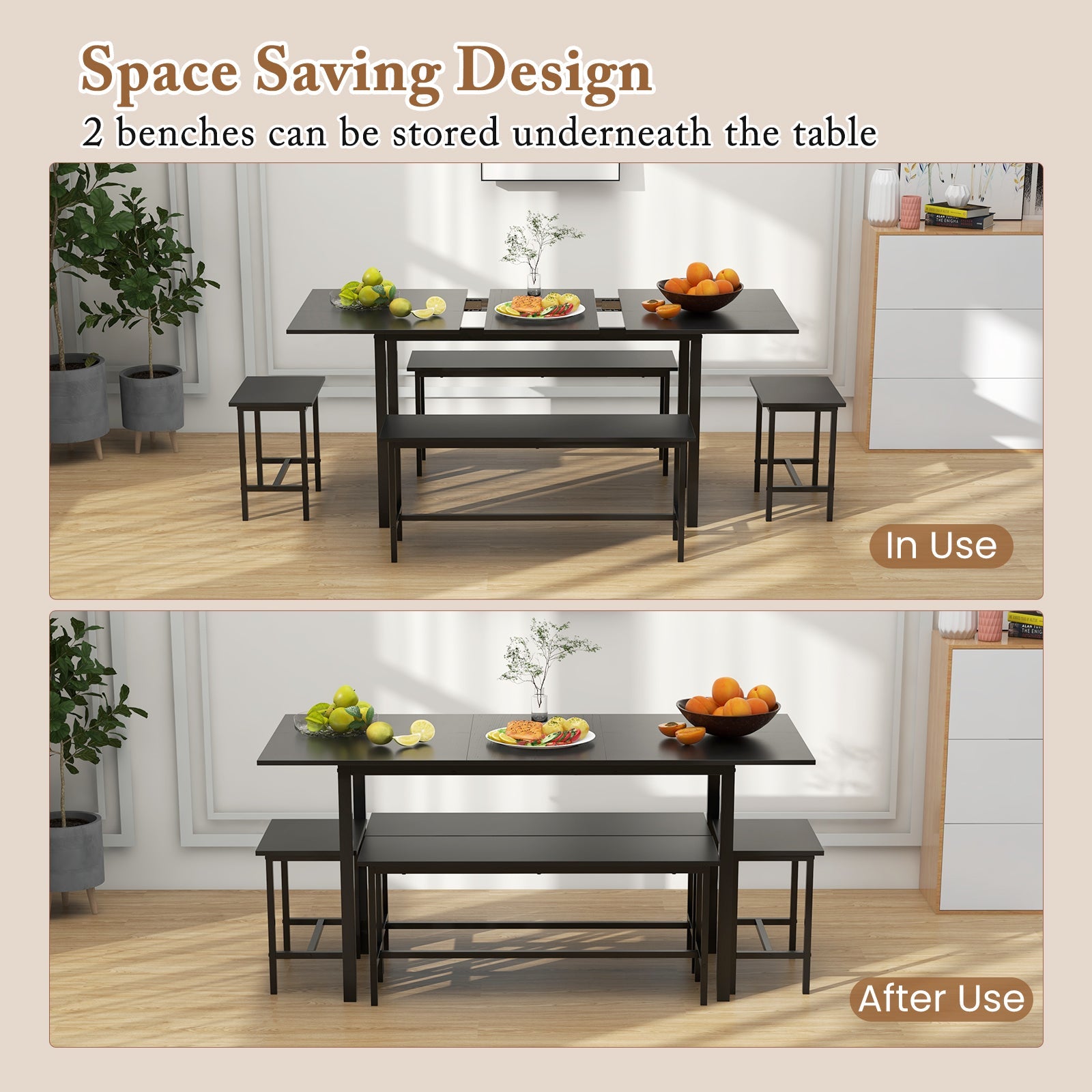 5 Piece Dining Table Set for 4-6 with 2 Benches & 2 Stools - Black