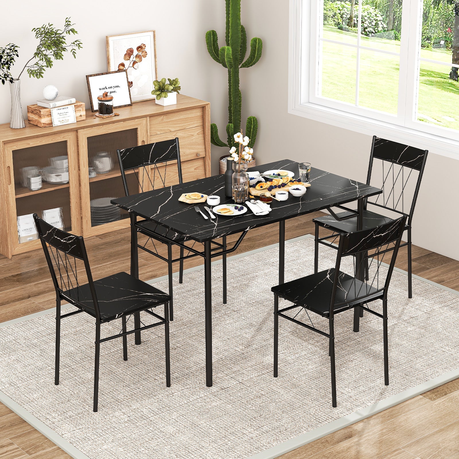 5-Piece Dining Table Set for 4 with 4 Dining Chairs - Black