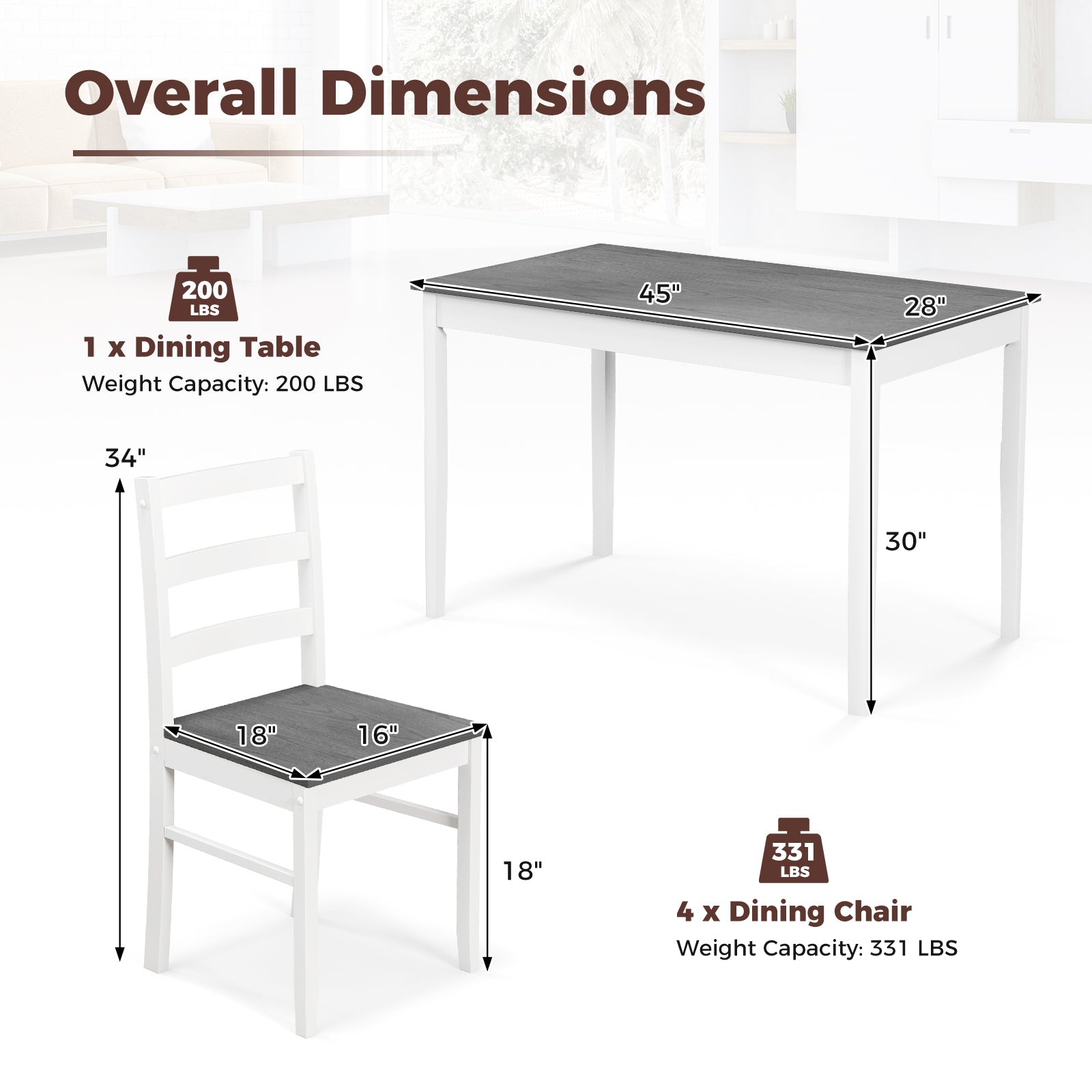 5-Piece Wooden Dining Set with 4 Chairs - Gray
