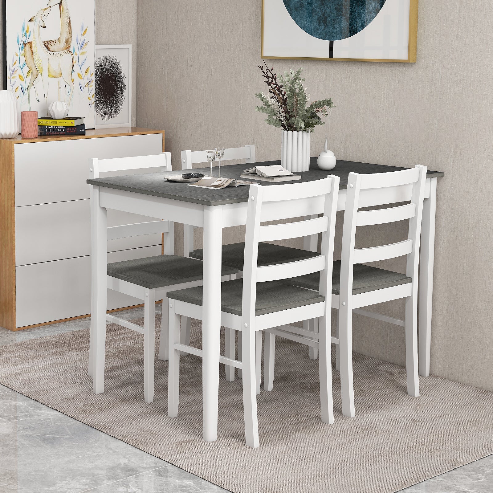 5-Piece Wooden Dining Set with 4 Chairs - Gray