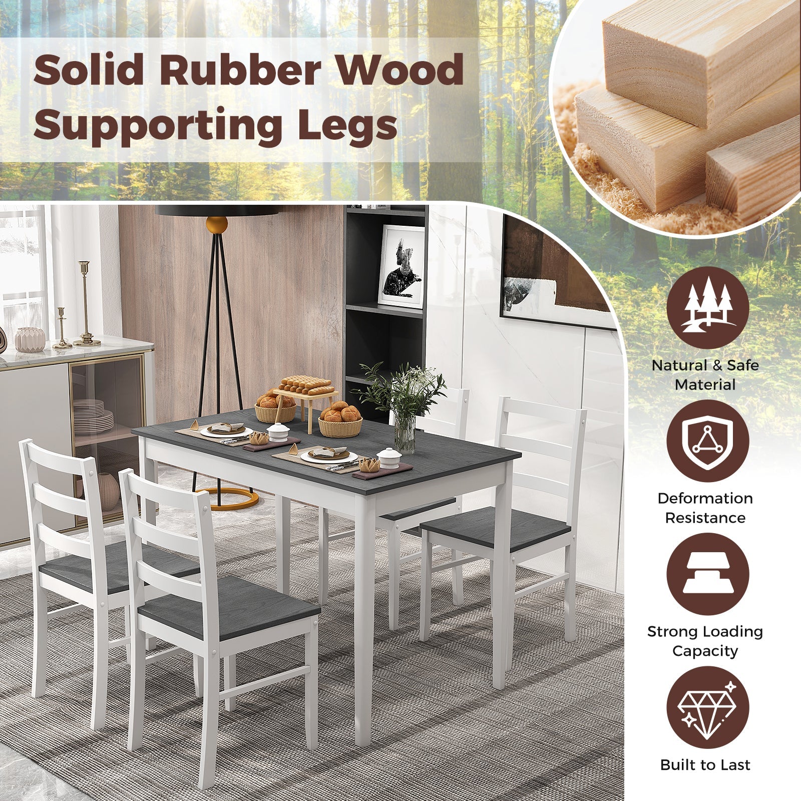 5-Piece Wooden Dining Set with 4 Chairs - Gray