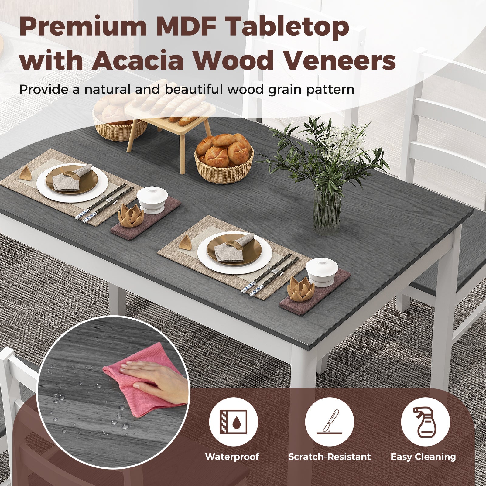 5-Piece Wooden Dining Set with 4 Chairs - Gray