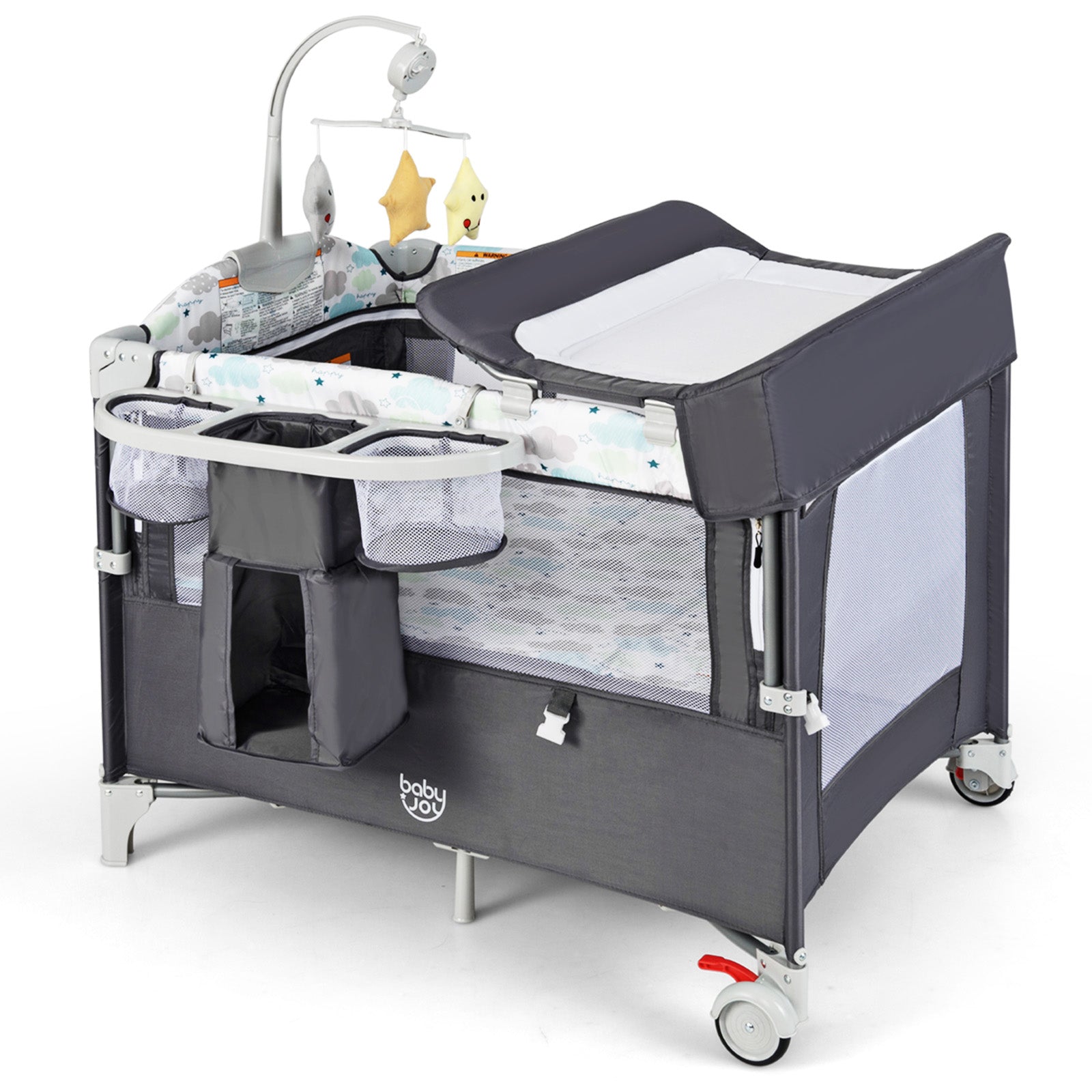 5-in-1 Portable Baby Beside Sleeper Bassinet Crib Playard with Diaper Changer-Gray