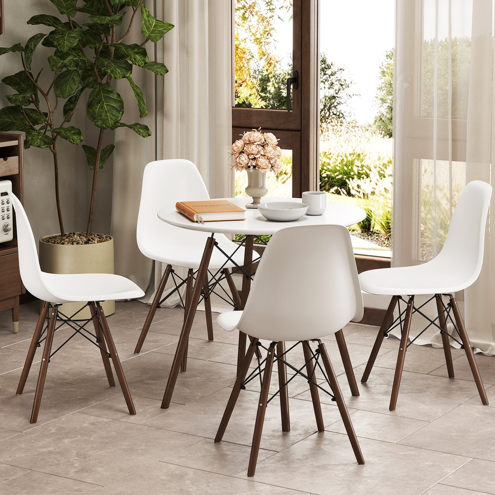 5 Pieces Dining Table Set With Solid Wood Leg - Beige
