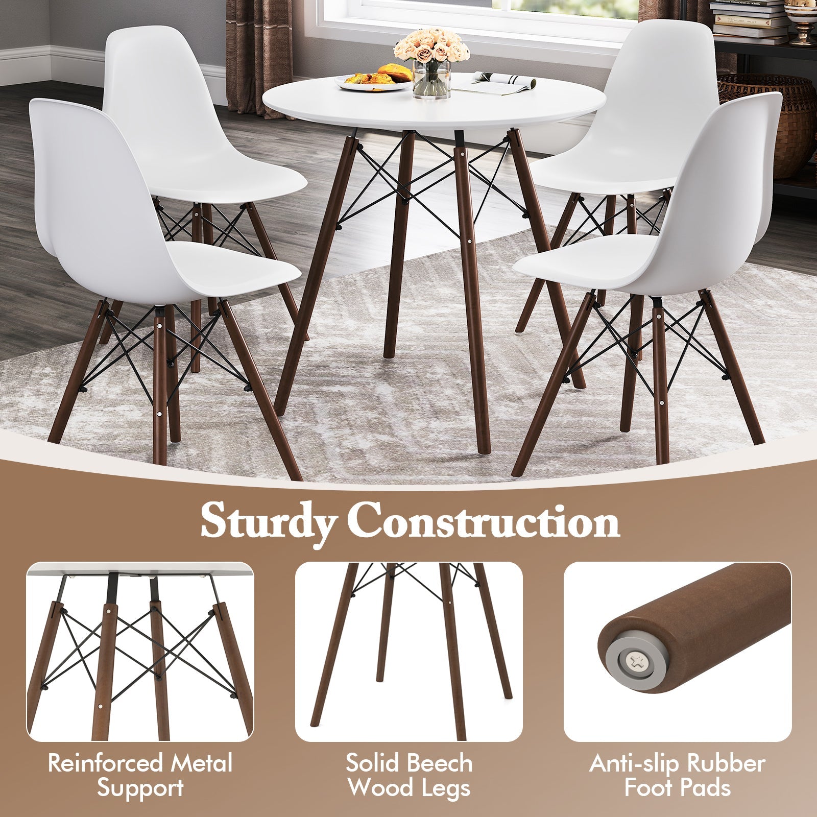 5 Pieces Dining Table Set With Solid Wood Leg - Beige