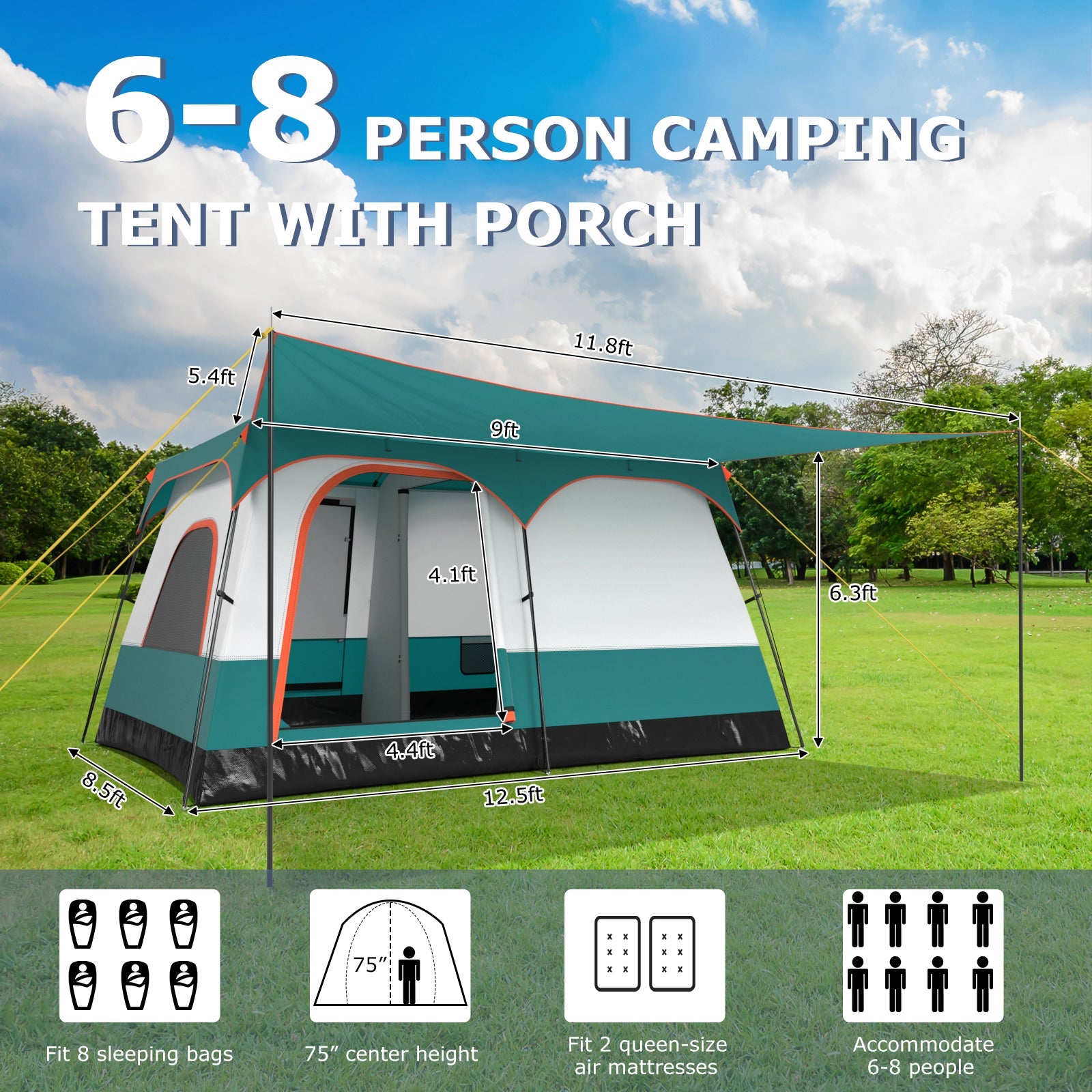 6-8 Person Camping Tent with Double Rooms and 2 Doors-Green